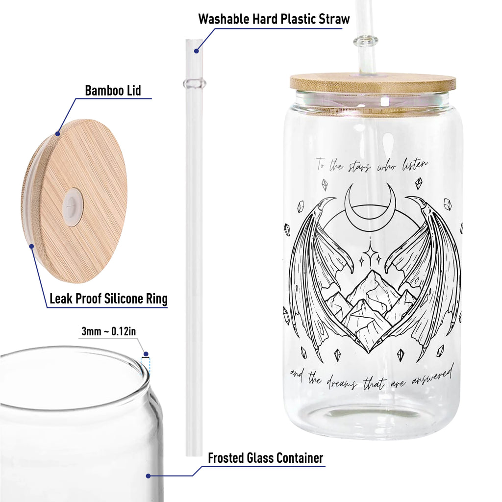 To The Stars Who Listen Glass Can Cup with Straw, ACOTAR Quote Tumbler, Night Court Velaris Bookish Fantasy Gift GLVLR49