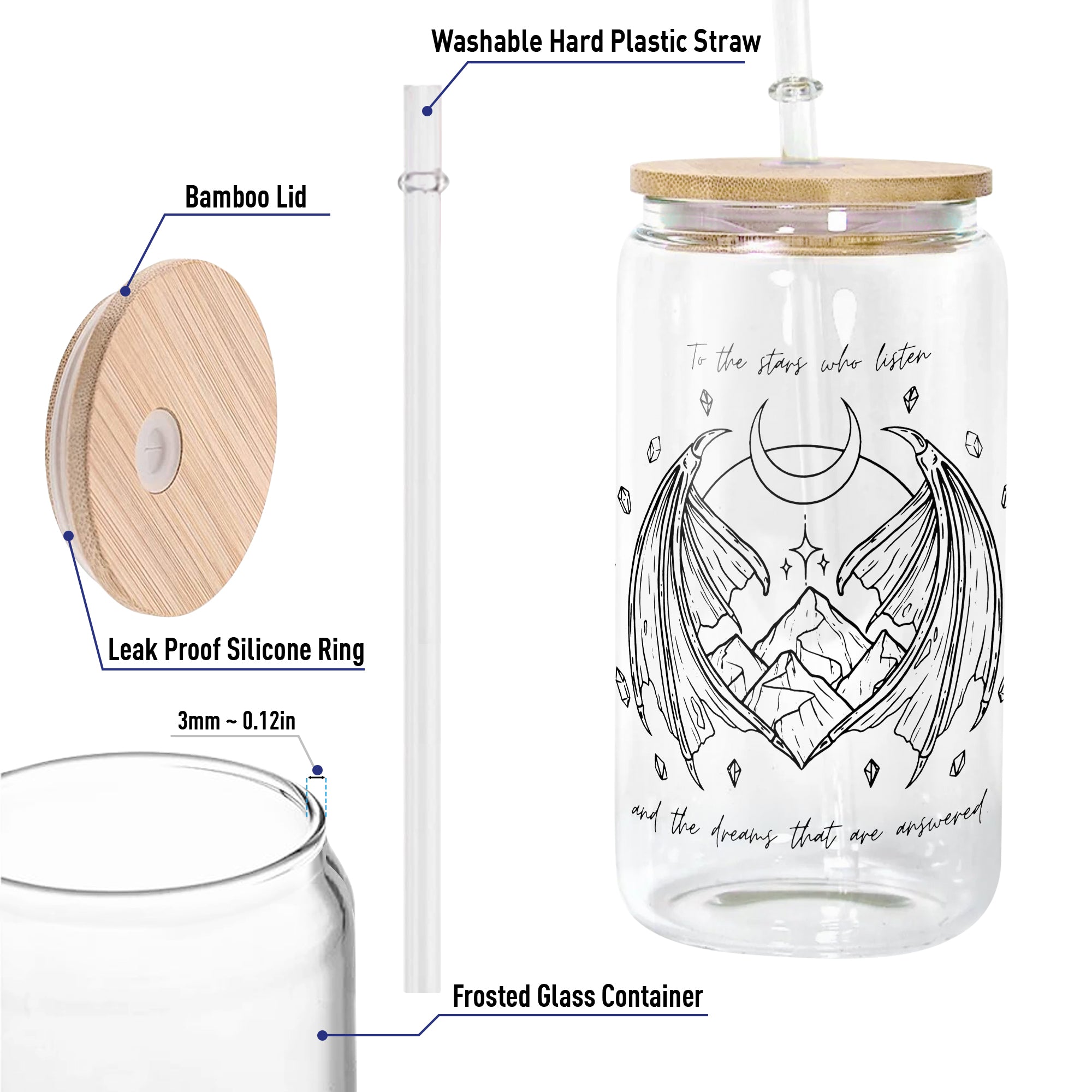 To The Stars Who Listen Glass Can Cup with Straw, ACOTAR Quote Tumbler, Night Court Velaris Bookish Fantasy Gift GLVLR49