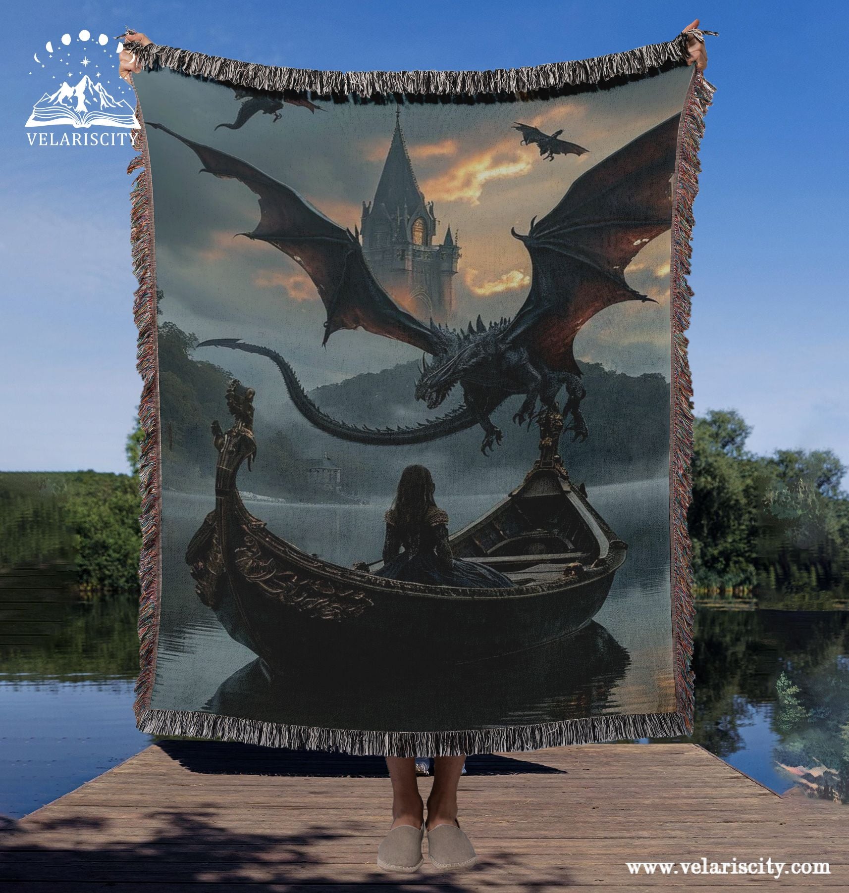 Fourth Wing Inspired Dragon Woven Blanket, Fantasy Dragon and Castle Design Throw, Epic Battle Scene, Magical Creature Home Decor for Fantasy Fans BKVLR13