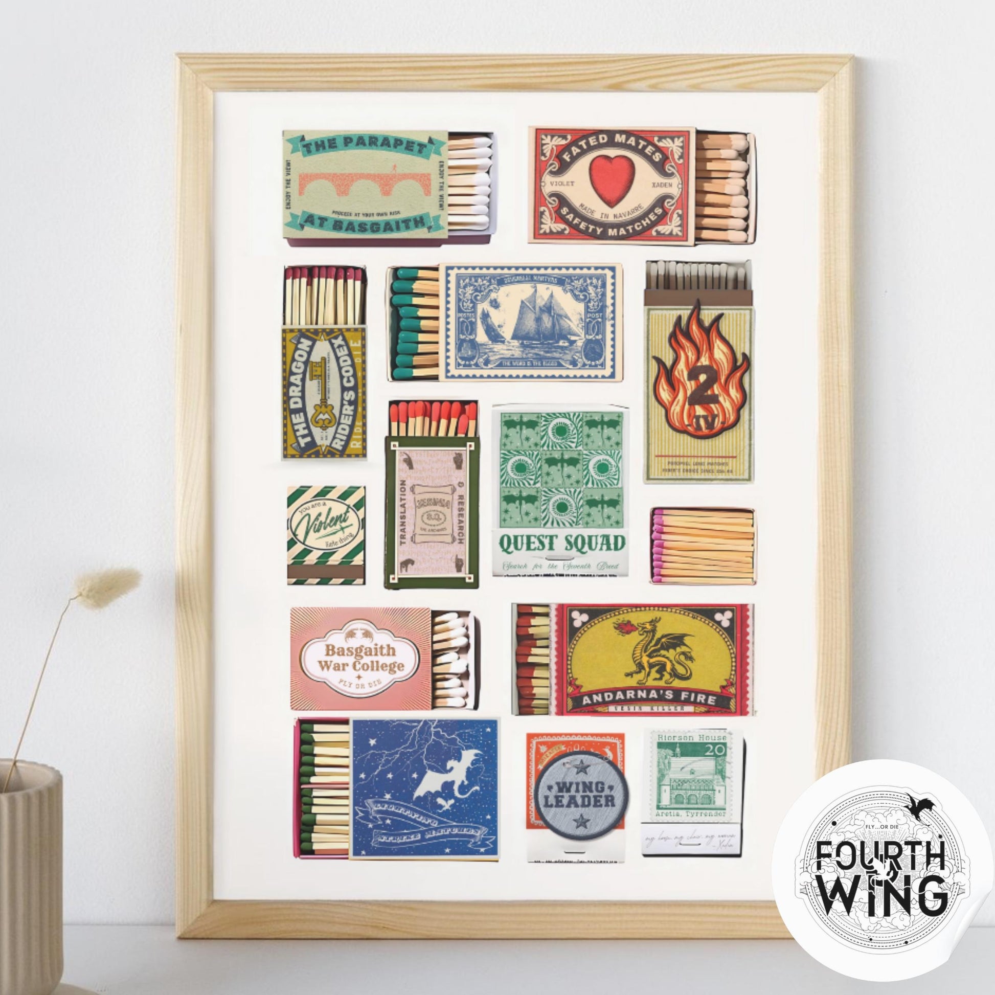 Fourth Wing Vintage Matchbox Art Print Poster Digital Gift Booktok Match Love Onyx Storm Iron Flame Fantasy Basgaith Violet Xaden Dragons VLRP34