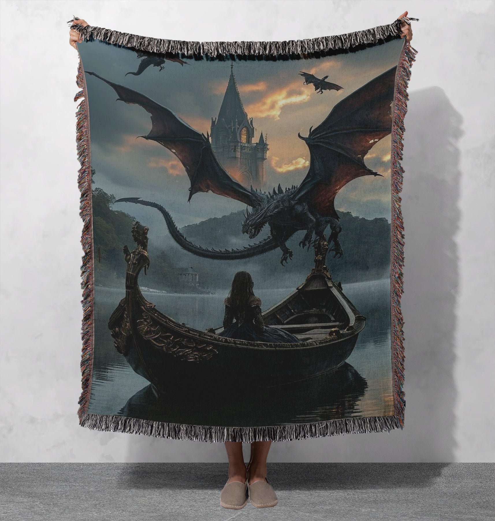 Fourth Wing Inspired Dragon Woven Blanket, Fantasy Dragon and Castle Design Throw, Epic Battle Scene, Magical Creature Home Decor for Fantasy Fans BKVLR13