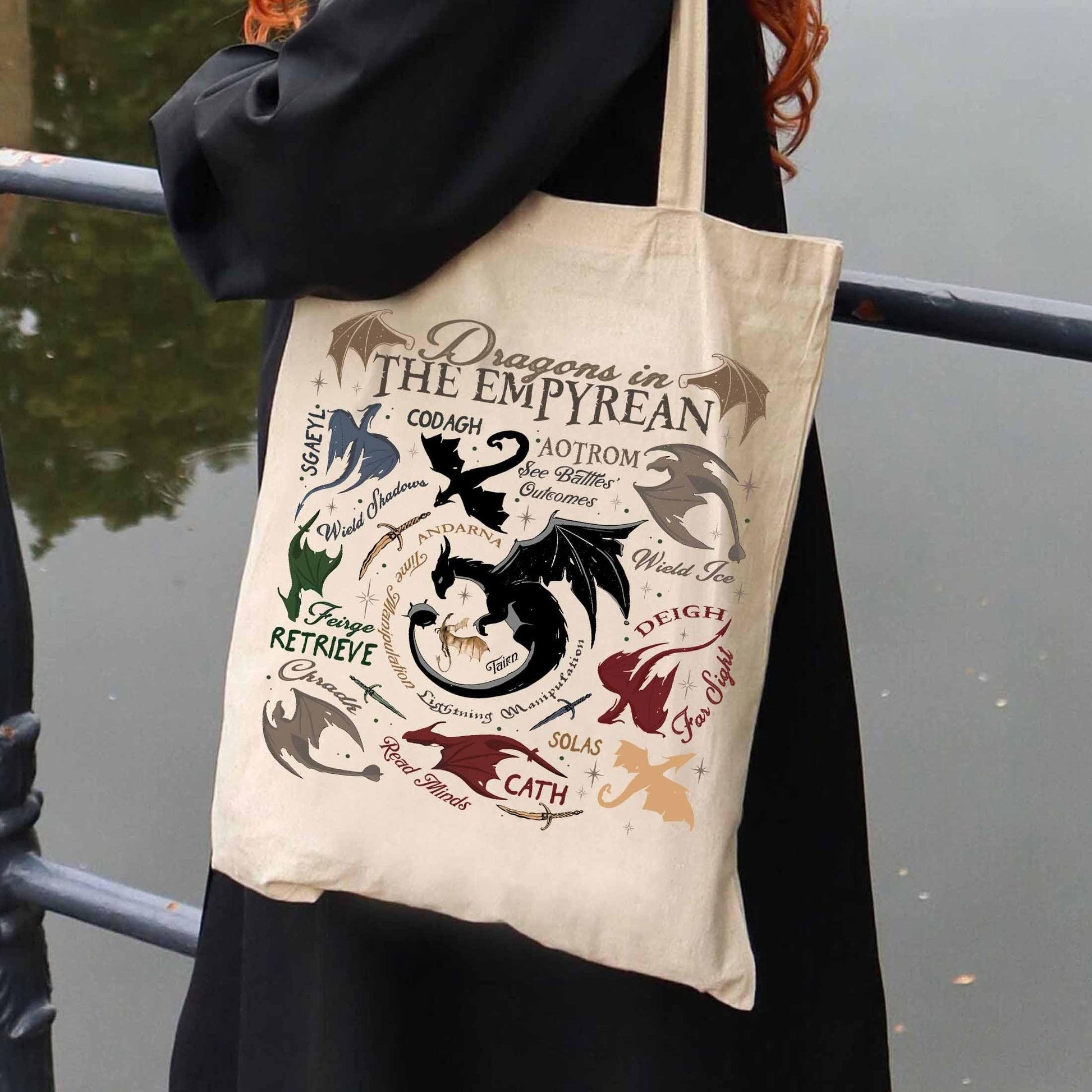 Dragons in Fourth Wing Tote Bag, Dragon in the Empyrean Bag, Violet Sorrengail Tairn Bag, Tairn & Andarna Bag, Basgiath War College Bag TBVLR13