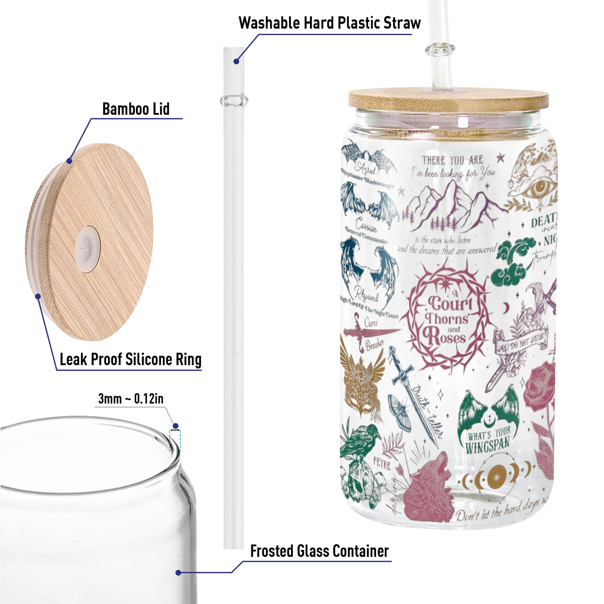 A Court of Thorns and Roses Glass Can Cup with Straw, ACOTAR Collage Quote Tumbler, Feyre Rhysand Bookish Gift GLVLR50