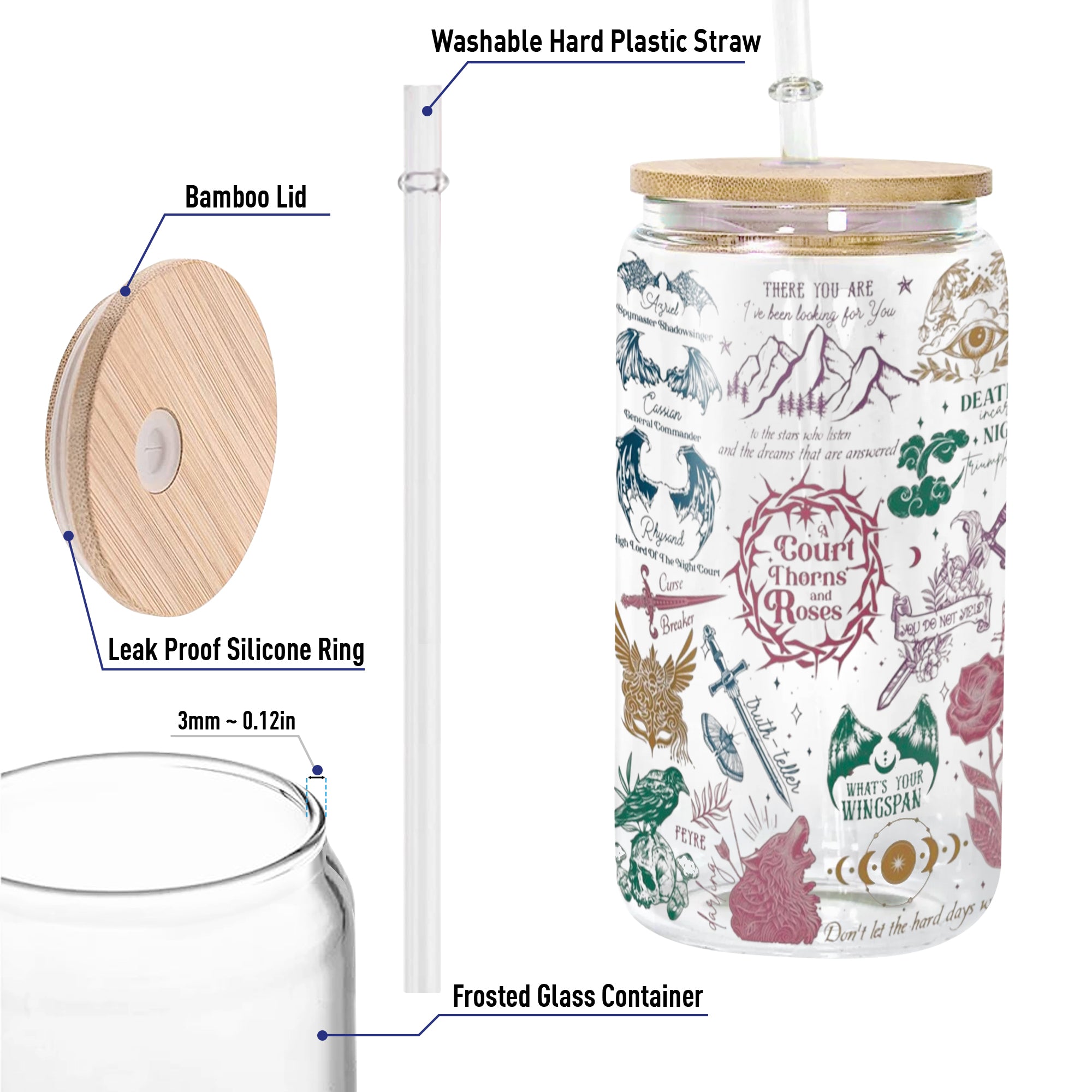 A Court of Thorns and Roses Glass Can Cup with Straw, ACOTAR Collage Quote Tumbler, Feyre Rhysand Bookish Gift GLVLR50