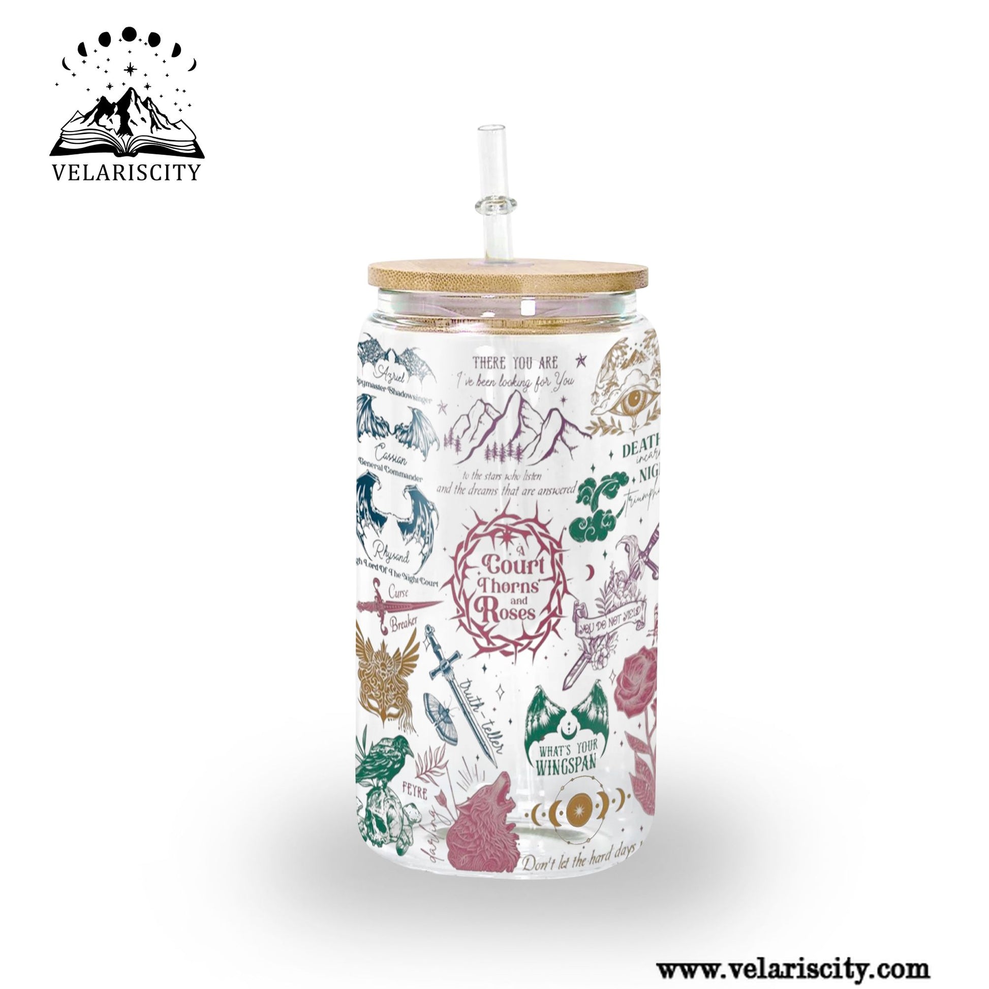 A Court of Thorns and Roses Glass Can Cup with Straw, ACOTAR Collage Quote Tumbler, Feyre Rhysand Bookish Gift GLVLR50