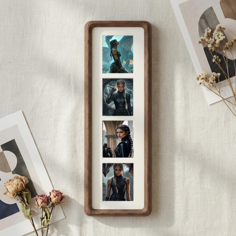 Dragon Inspired Photostrip Wood Frame, Fourth Wing Fantasy Style, Vertical Solid Wood Picture Frame, Slim Photo Strip Frame, Dragon Warrior Wall Decor Gift