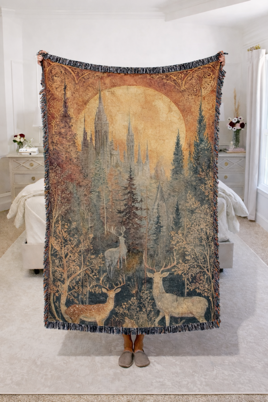 Fantasy Forest Woven Blanket, Throne of Glass Inspired Throw, Castle and Stag Bookish Home Decor, Gift for Readers BKVLR09