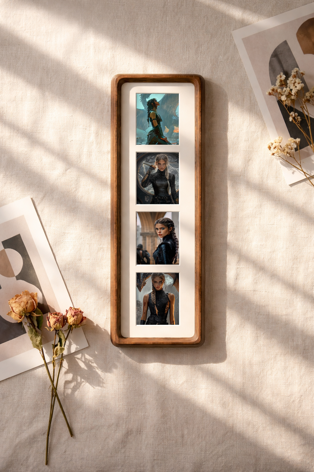 Dragon Inspired Photostrip Wood Frame, Fourth Wing Fantasy Style, Vertical Solid Wood Picture Frame, Slim Photo Strip Frame, Dragon Warrior Wall Decor Gift