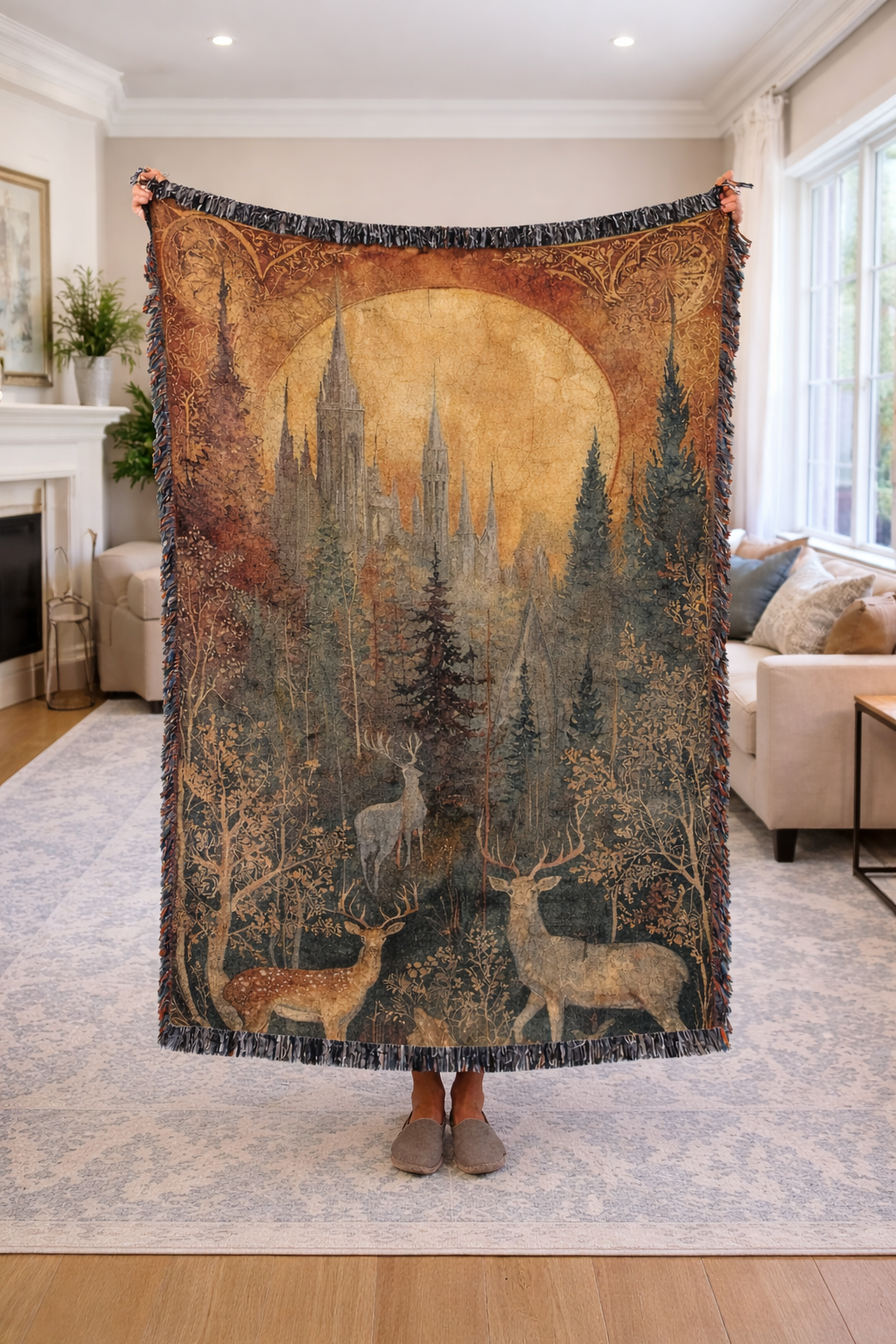 Fantasy Forest Woven Blanket, Throne of Glass Inspired Throw, Castle and Stag Bookish Home Decor, Gift for Readers BKVLR09