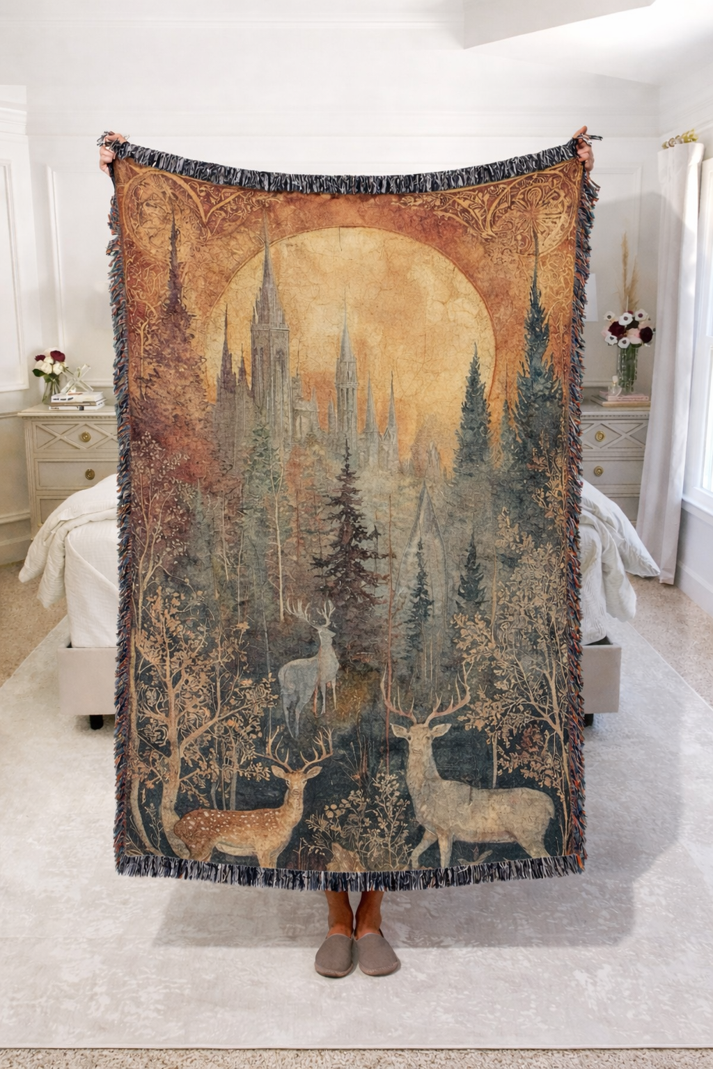 Fantasy Forest Woven Blanket, Throne of Glass Inspired Throw, Castle and Stag Bookish Home Decor, Gift for Readers BKVLR09