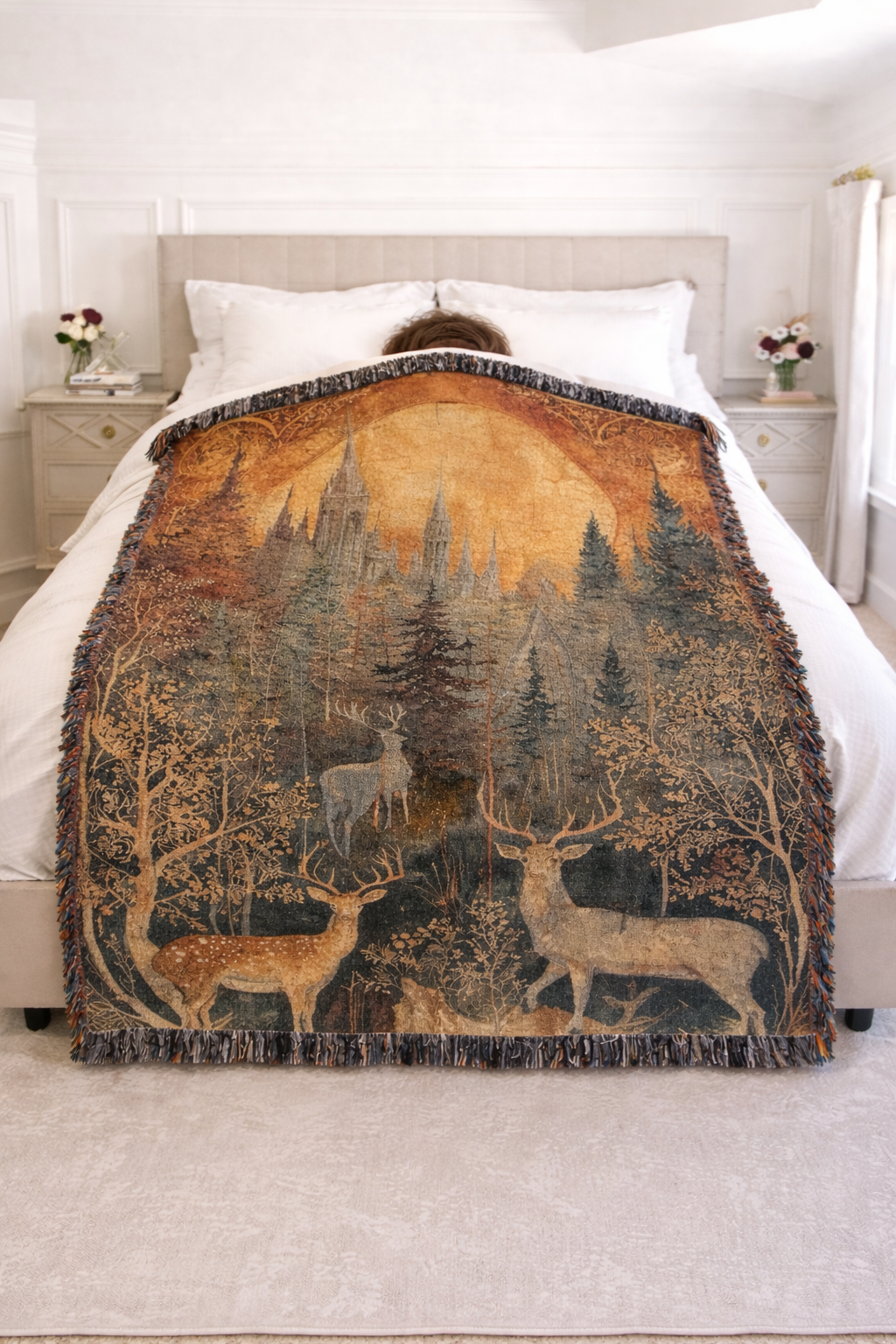Fantasy Forest Woven Blanket, Throne of Glass Inspired Throw, Castle and Stag Bookish Home Decor, Gift for Readers BKVLR09