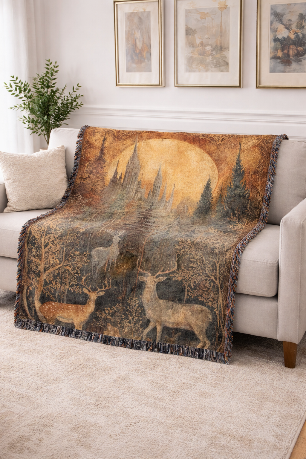 Fantasy Forest Woven Blanket, Throne of Glass Inspired Throw, Castle and Stag Bookish Home Decor, Gift for Readers BKVLR09