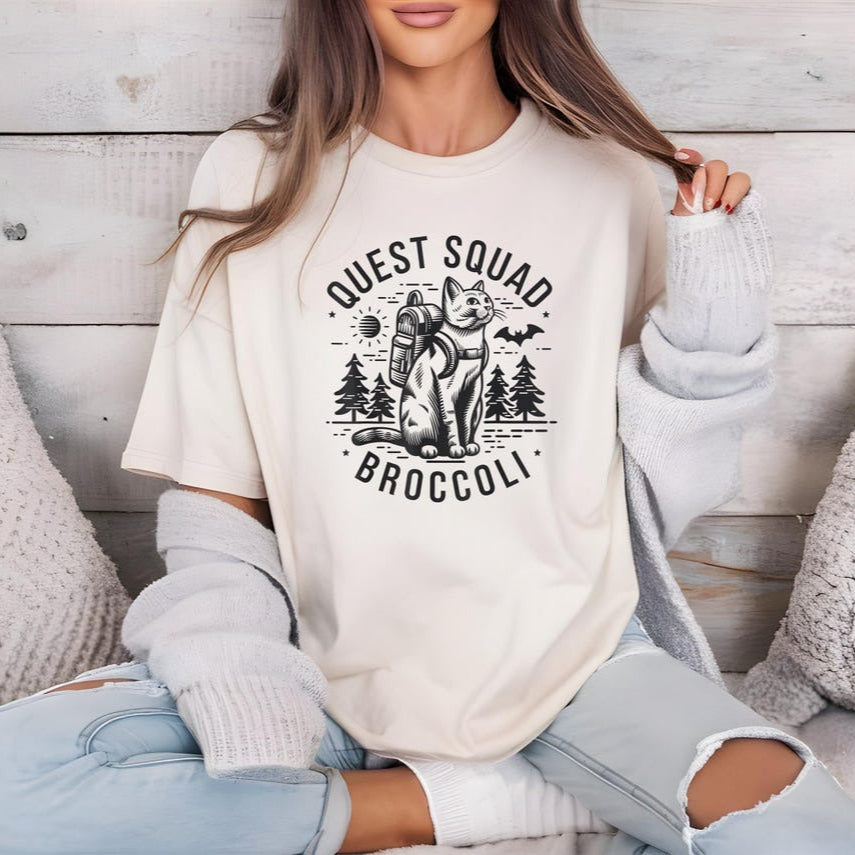 Quest Squad Broccoli Cat Comfort Colors Shirt, Broccoli Cat Onyx Storm Shirt. CFVLR12
