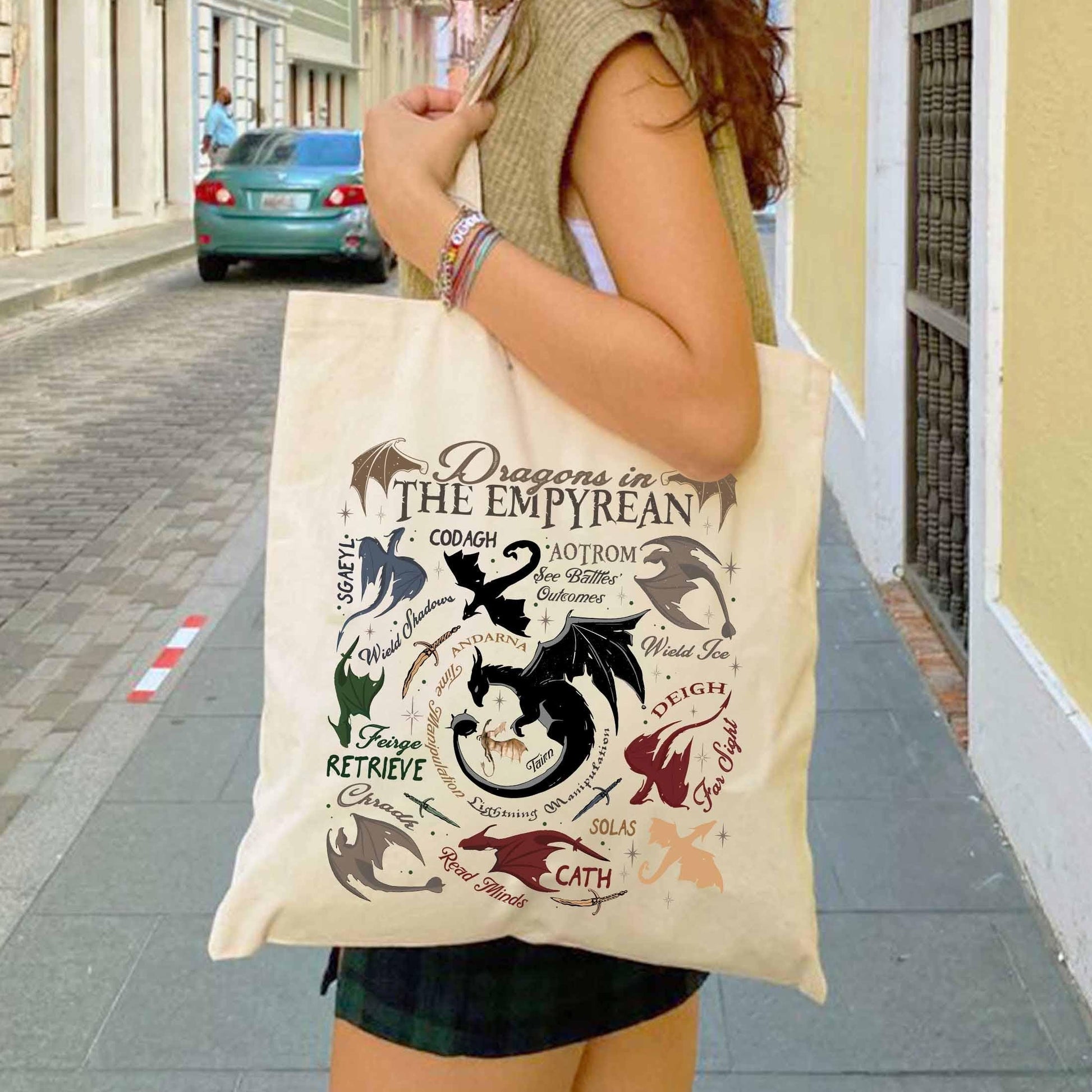 Dragons in Fourth Wing Tote Bag, Dragon in the Empyrean Bag, Violet Sorrengail Tairn Bag, Tairn & Andarna Bag, Basgiath War College Bag TBVLR13