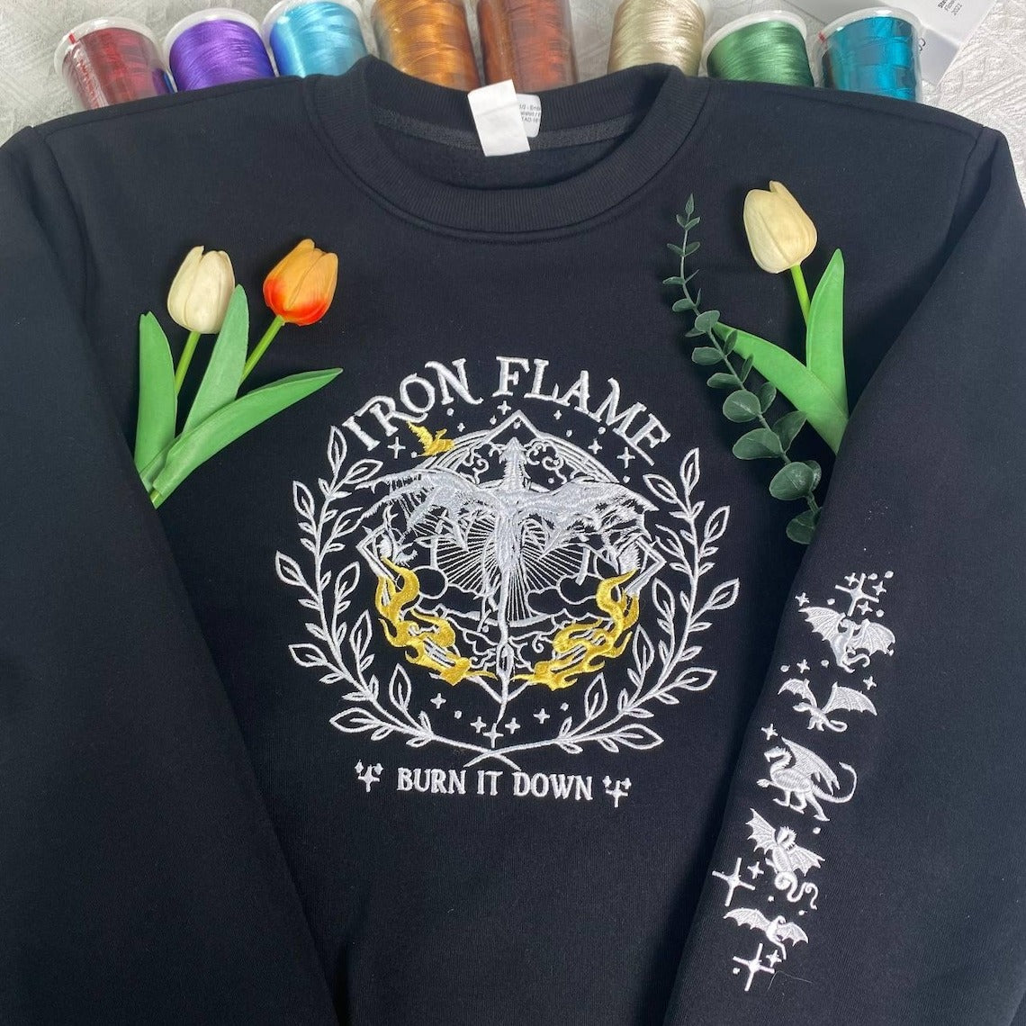 Embroidered Iron Flame Sweatshirt, Basgiath War College sweatshirt, Dragon Rider. VEMB13