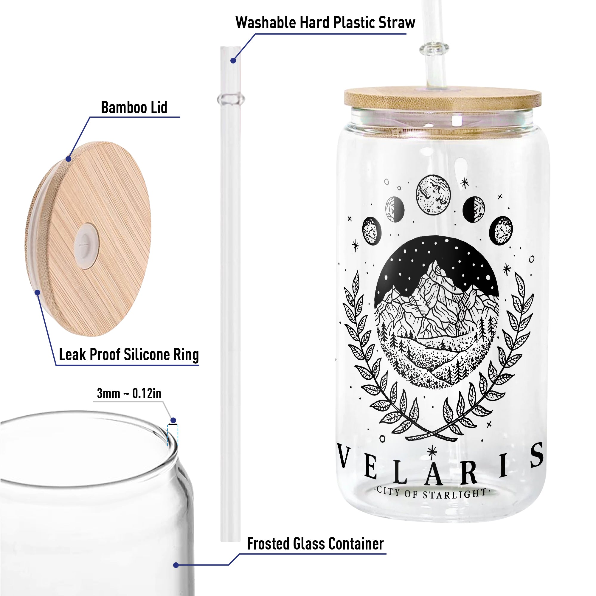 Velaris City of Starlight Glass Can Cup with Straw, ACOTAR A Court of Thorns and Roses Tumbler, Bookish Fantasy Gift GLVLR51