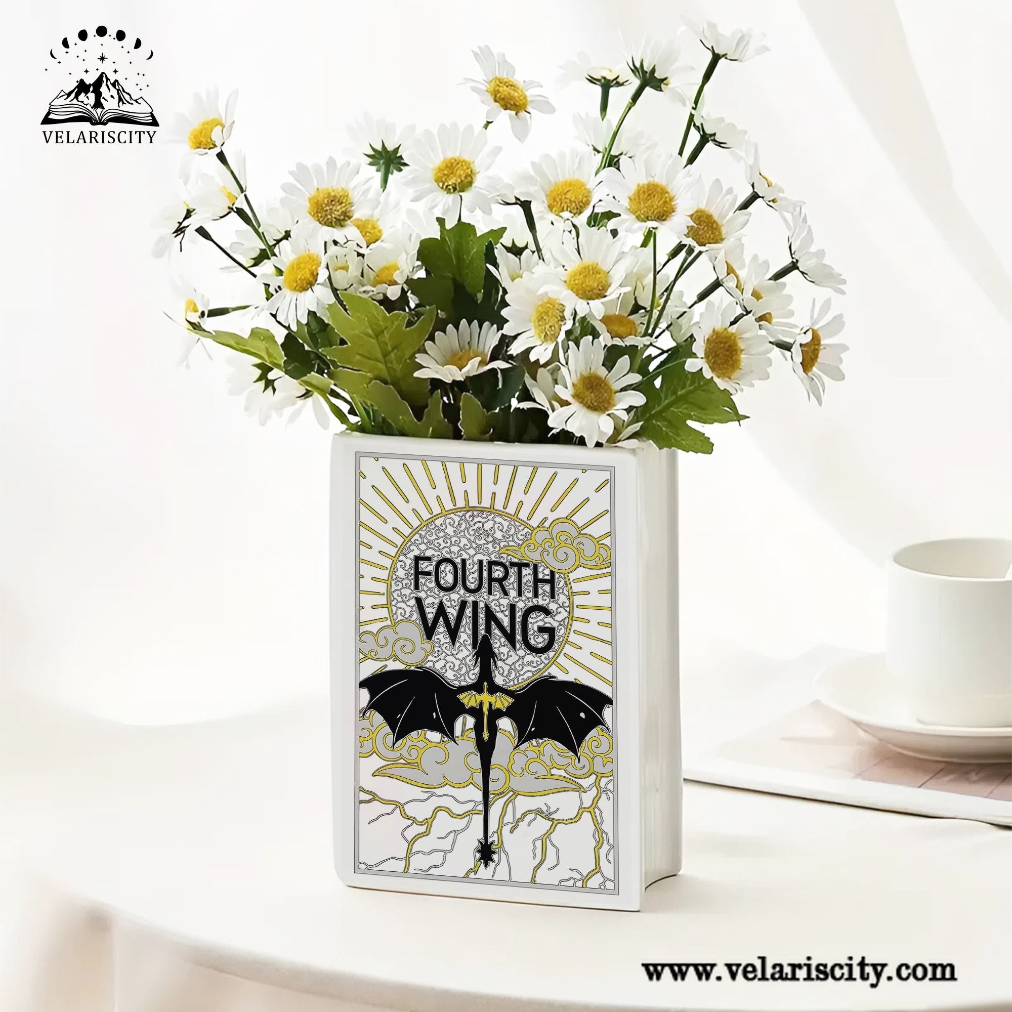 Fourth Wing Ceramic Book Vase, Bold Fantasy Dragon Decor, Sunburst Castle Aesthetic Gift for Book Lovers CVVRL15