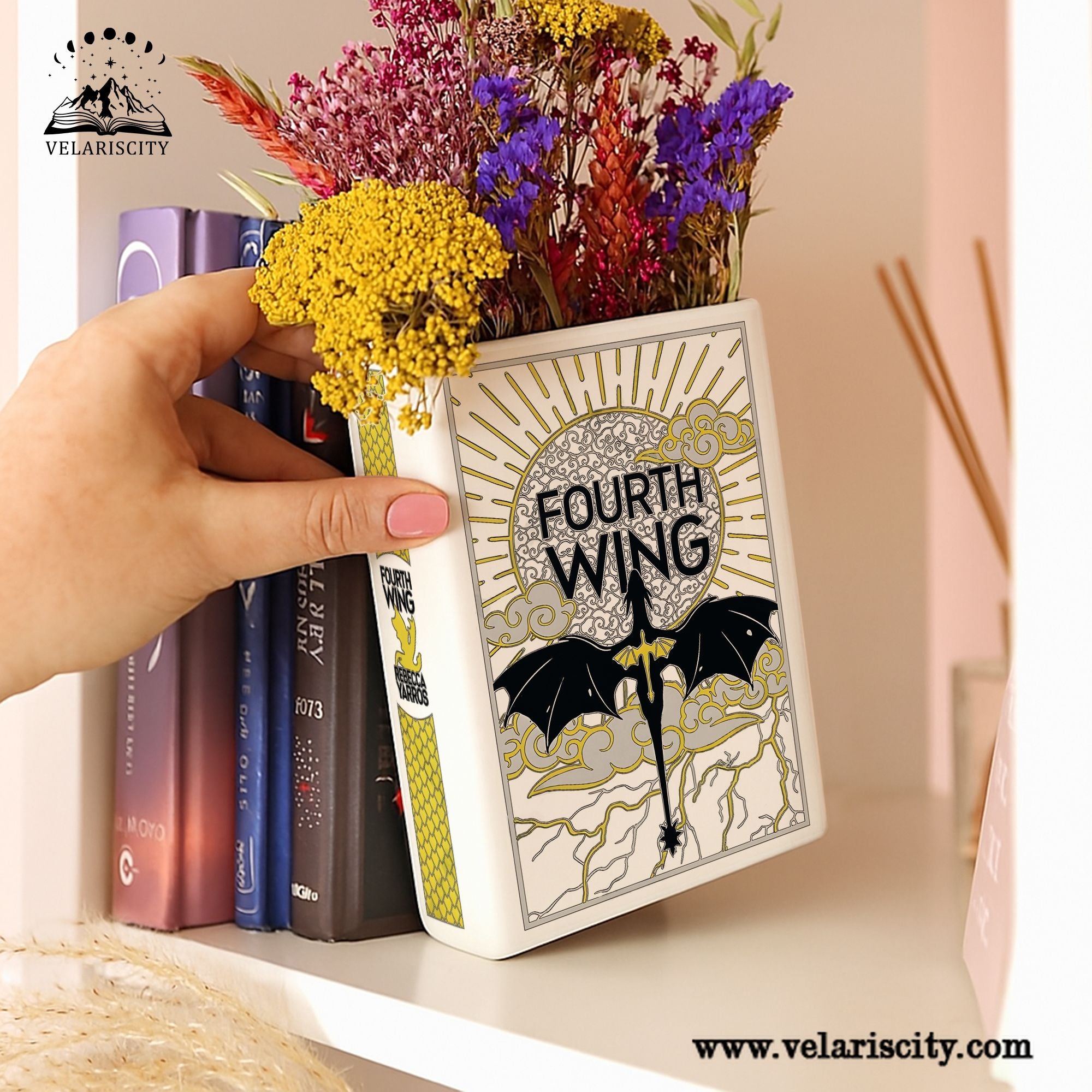 Fourth Wing Ceramic Book Vase, Bold Fantasy Dragon Decor, Sunburst Castle Aesthetic Gift for Book Lovers CVVRL15