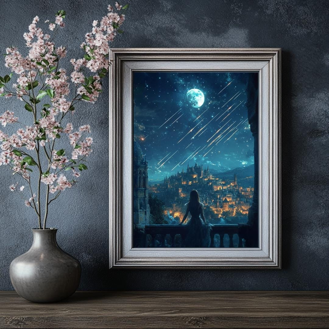 City of Falling Stars Fantasy Premium Poster, Magical Night Sky and Lanterns, Whimsical Fantasy Wall Art for Book Lovers, ACOTAR-Inspired VLRP57