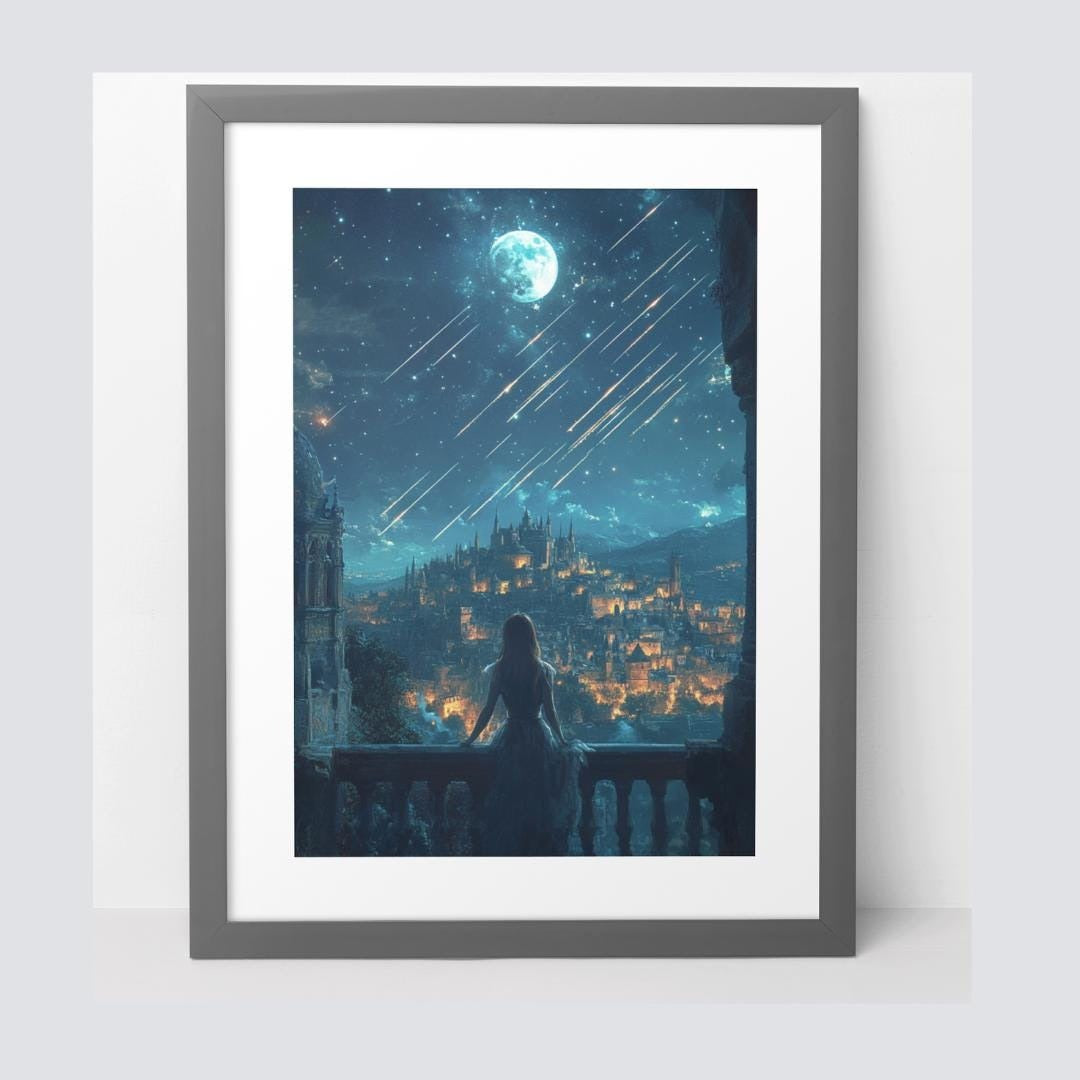City of Falling Stars Fantasy Premium Poster, Magical Night Sky and Lanterns, Whimsical Fantasy Wall Art for Book Lovers, ACOTAR-Inspired VLRP57