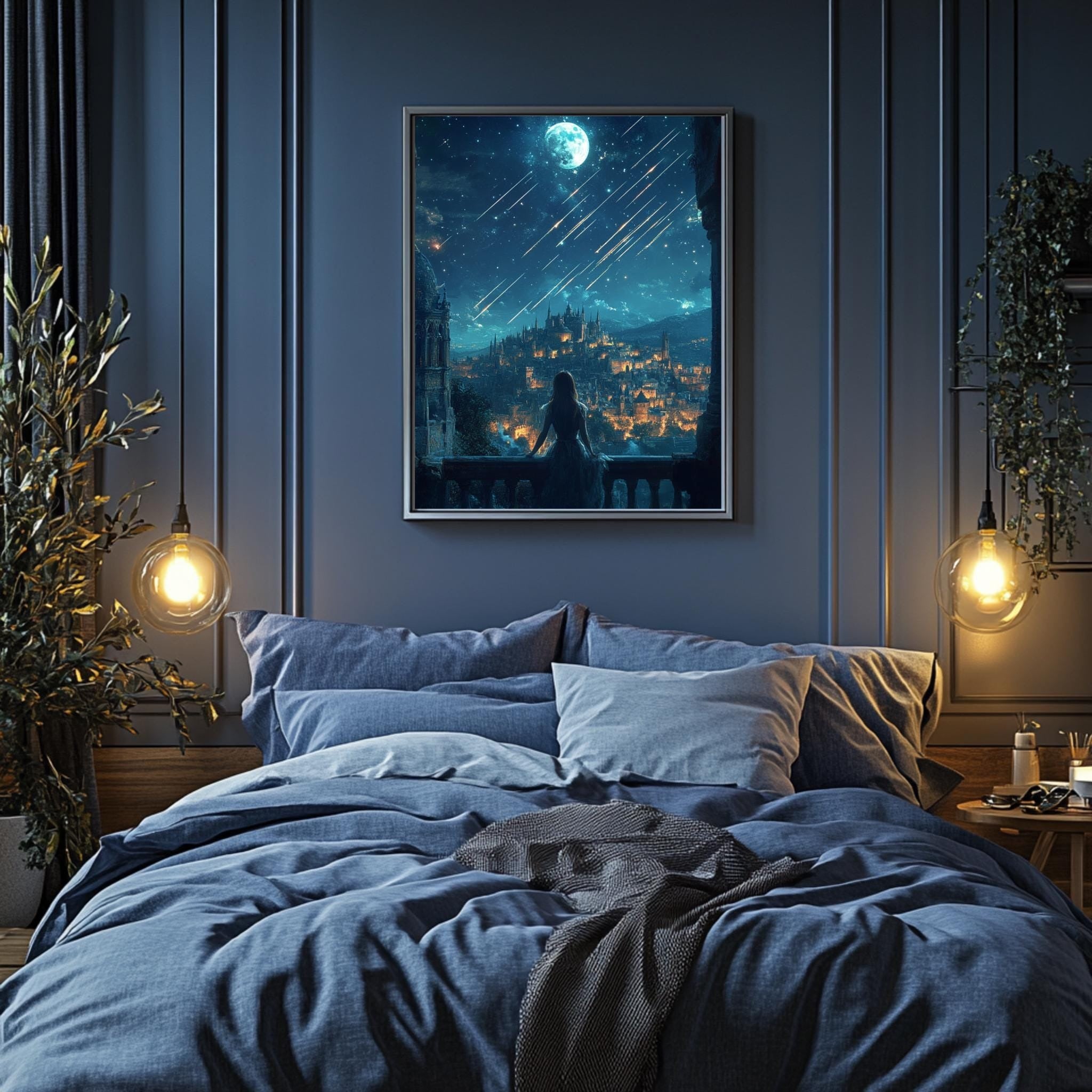 City of Falling Stars Fantasy Premium Poster, Magical Night Sky and Lanterns, Whimsical Fantasy Wall Art for Book Lovers, ACOTAR-Inspired VLRP57