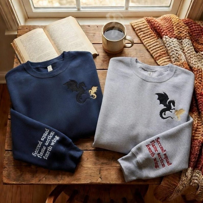 Dragon Pair Embroidered Sweatshirt, Fantasy Reader Crewneck, Cozy Bookish Gift, Squad Inspired Pullover for Romantasy Lovers VEMB80