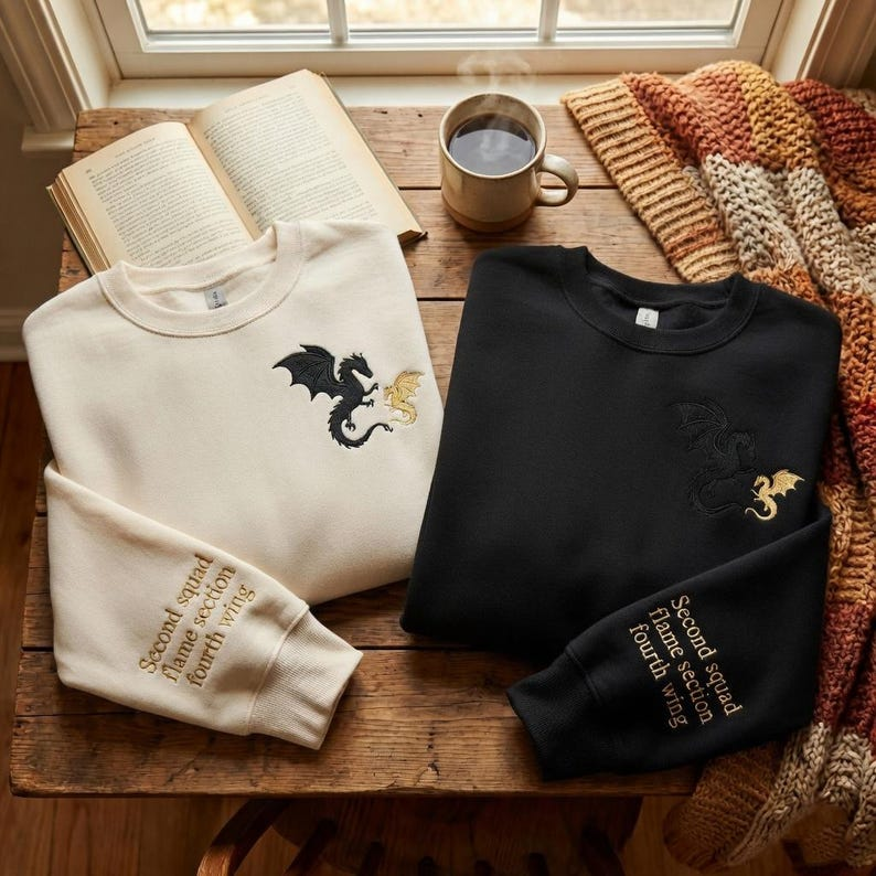 Dragon Pair Embroidered Sweatshirt, Fantasy Reader Crewneck, Cozy Bookish Gift, Squad Inspired Pullover for Romantasy Lovers VEMB80