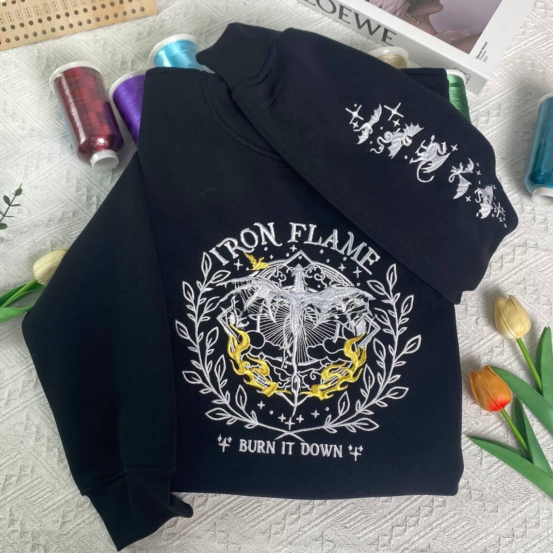 Embroidered Iron Flame Sweatshirt, Basgiath War College sweatshirt, Dragon Rider. VEMB13