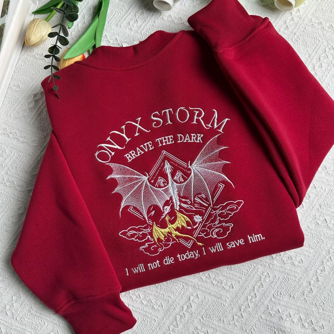 Embroidered Onyx Storm Sweatshirt, Brave The Dark sweatshirt, Dragon Sweatshirt. VEMB14
