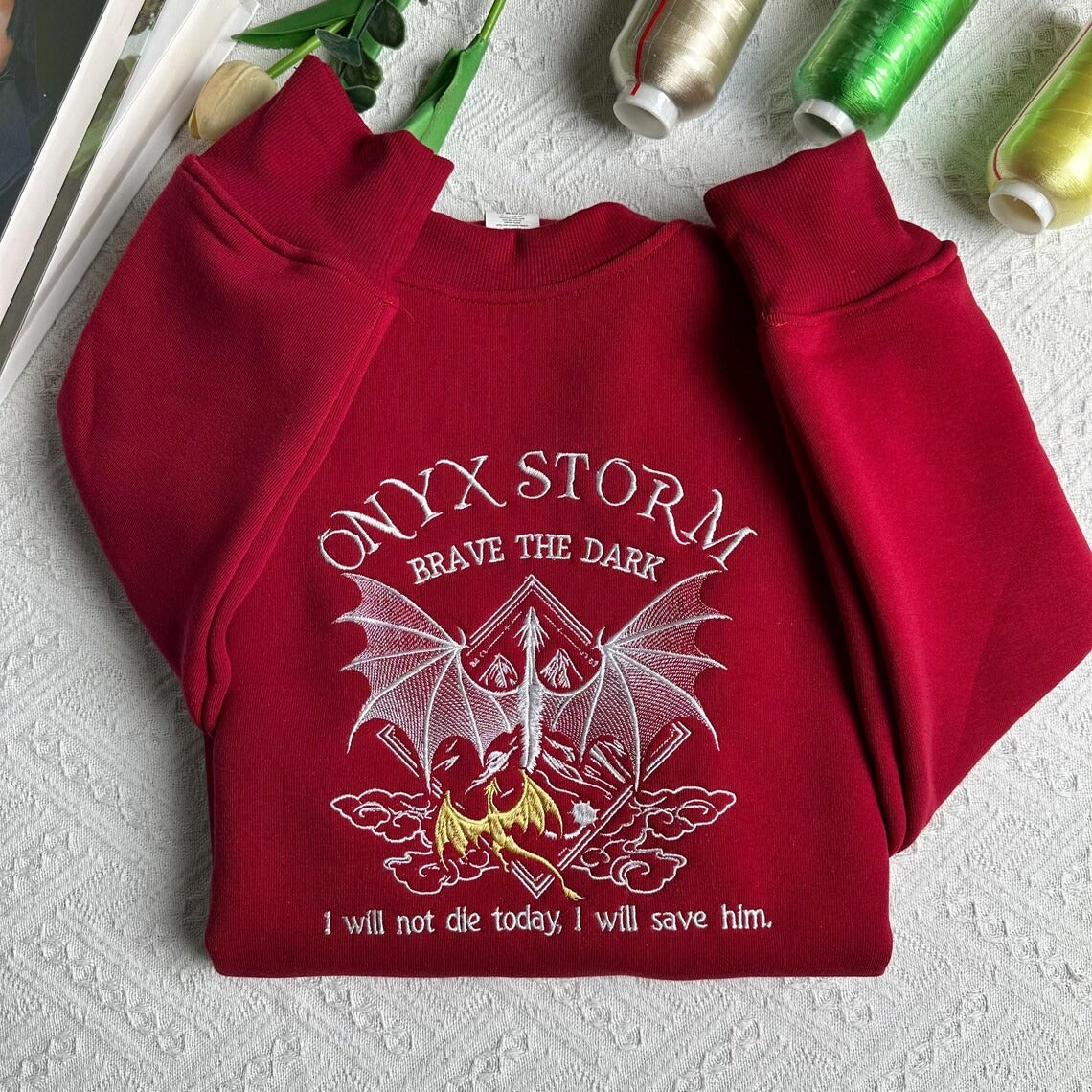 Embroidered Onyx Storm Sweatshirt, Brave The Dark sweatshirt, Dragon Sweatshirt. VEMB14
