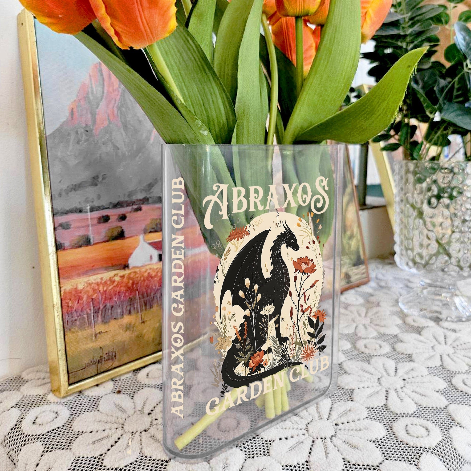 Abraxos Flower Garden Club Books Acrylic Vase for Flowers, Fantasy Dragon Bookish Book Shaped Flower Vase, Fantasy Readers Book Club Gifts VLRBV20