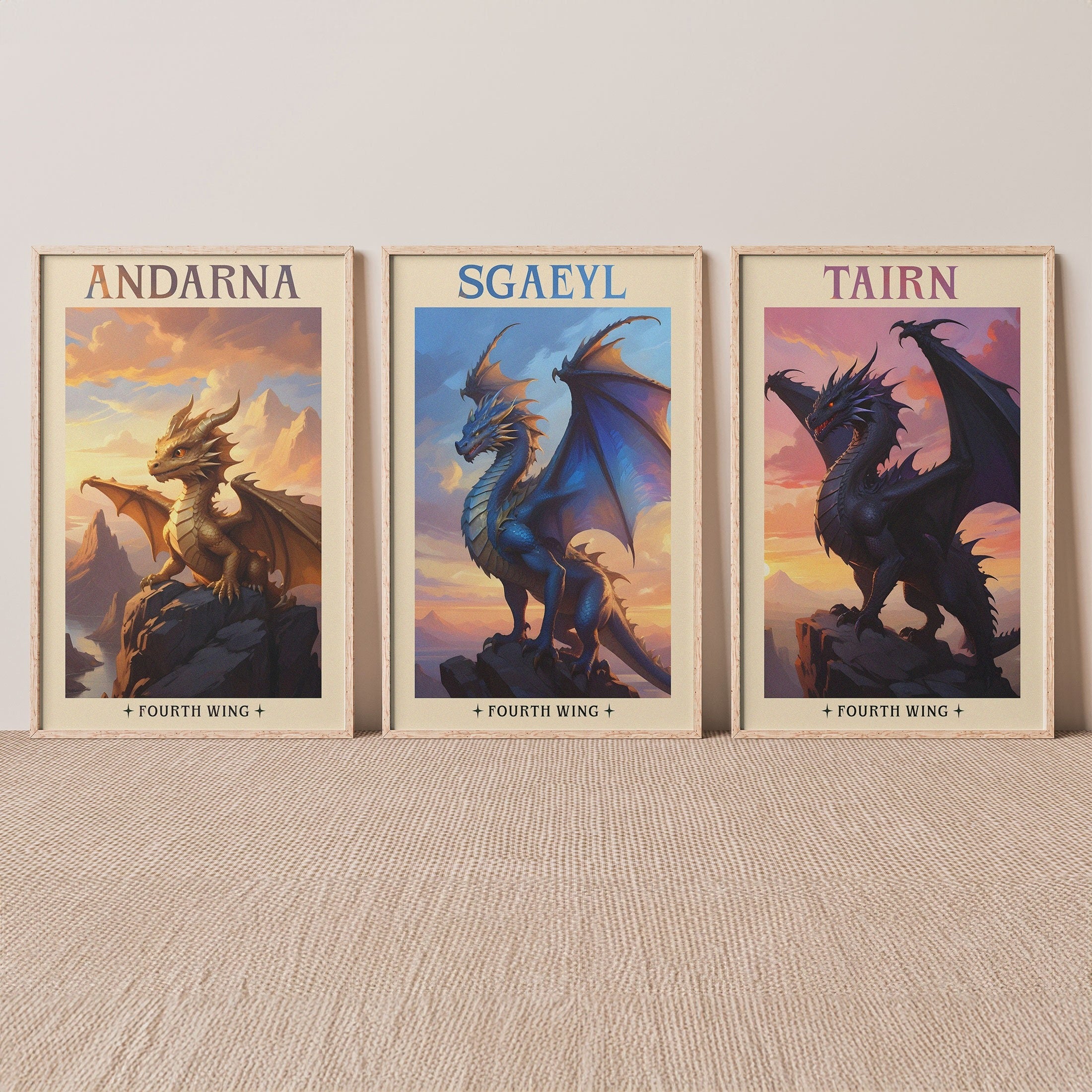 Fourth Wing Dragon Poster Set, Tairn Poster, Andarna Poster, Sgaeyl Poster, Dragon Rider Wall Art, Rebecca Yarros Poster, Violet and Xaden Decor, Fantasy Book Poster VLRP38