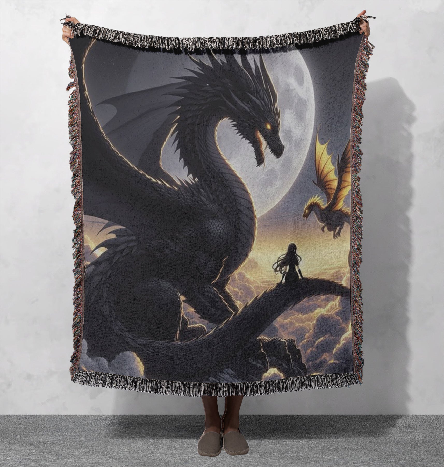 Fourth Wing Woven Blanket, Violet, Tairn, and Andarma Fantasy Dragon Throw, Cozy Gift for Book Lovers, Throne of Glass-Inspired Art, Magical Dragon and Heroine Design BKVLR17