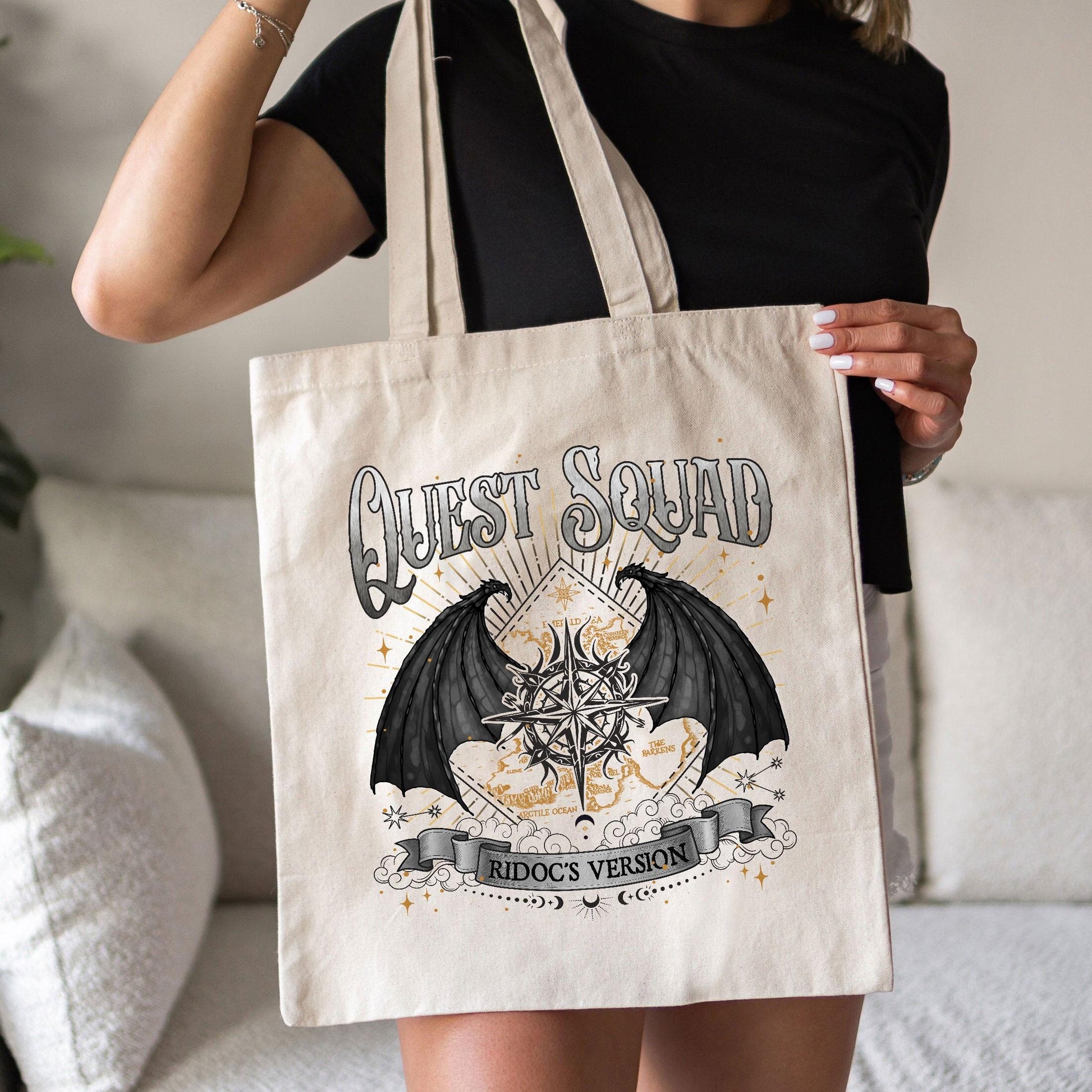 Quest Squad Ridoc’s Version Canvas Tote Bag, Aretian Riders Bag, Ridoc Onyx Storm Canvas Tote Bag, Fourth Wing Merch, Dragon Rider Shirt TBVLR16