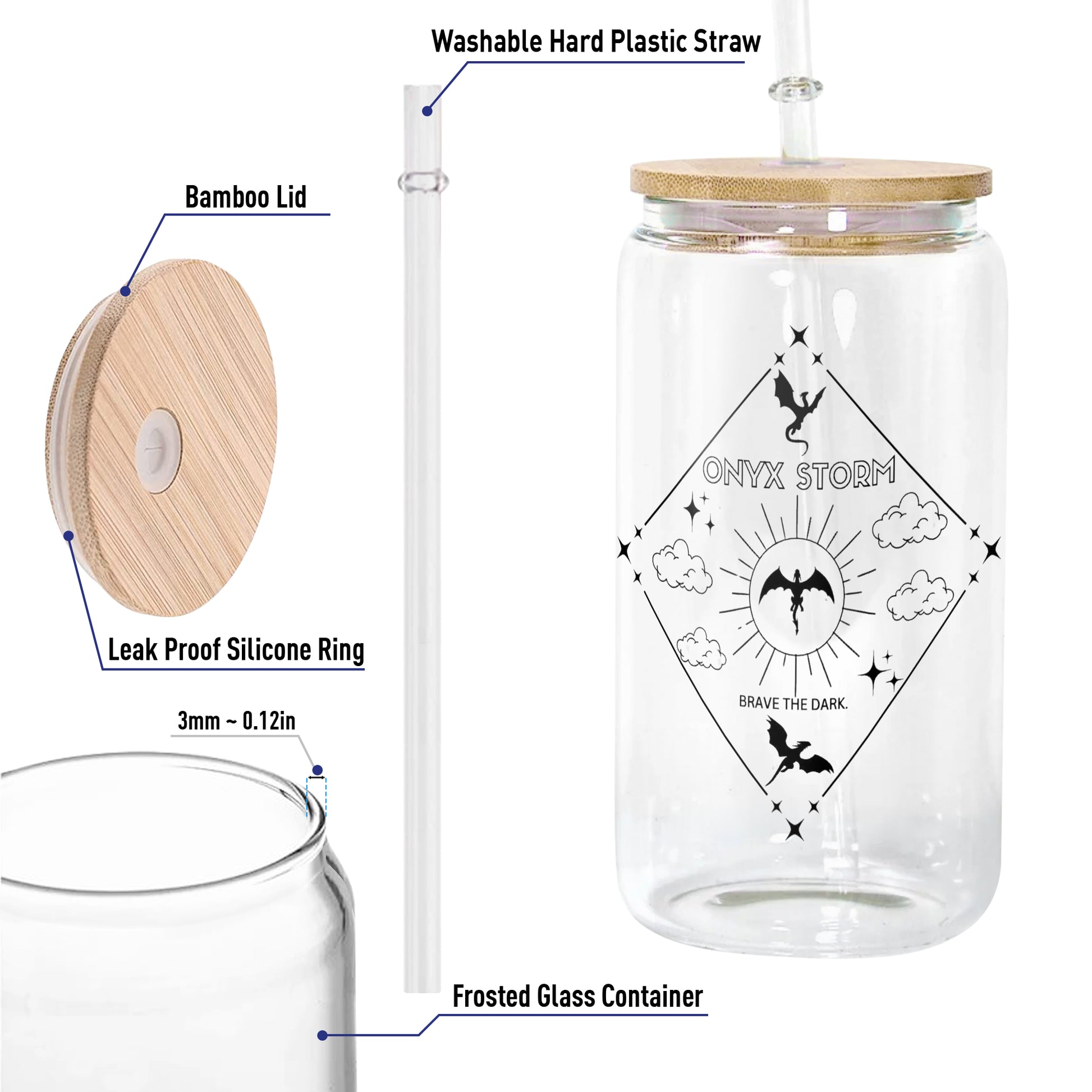 Onyx Storm Glass Can Cup with Straw, Fourth Wing Empyrean Dragon Tumbler, Brave the Dark Bookish Fantasy Gift GLVLR53