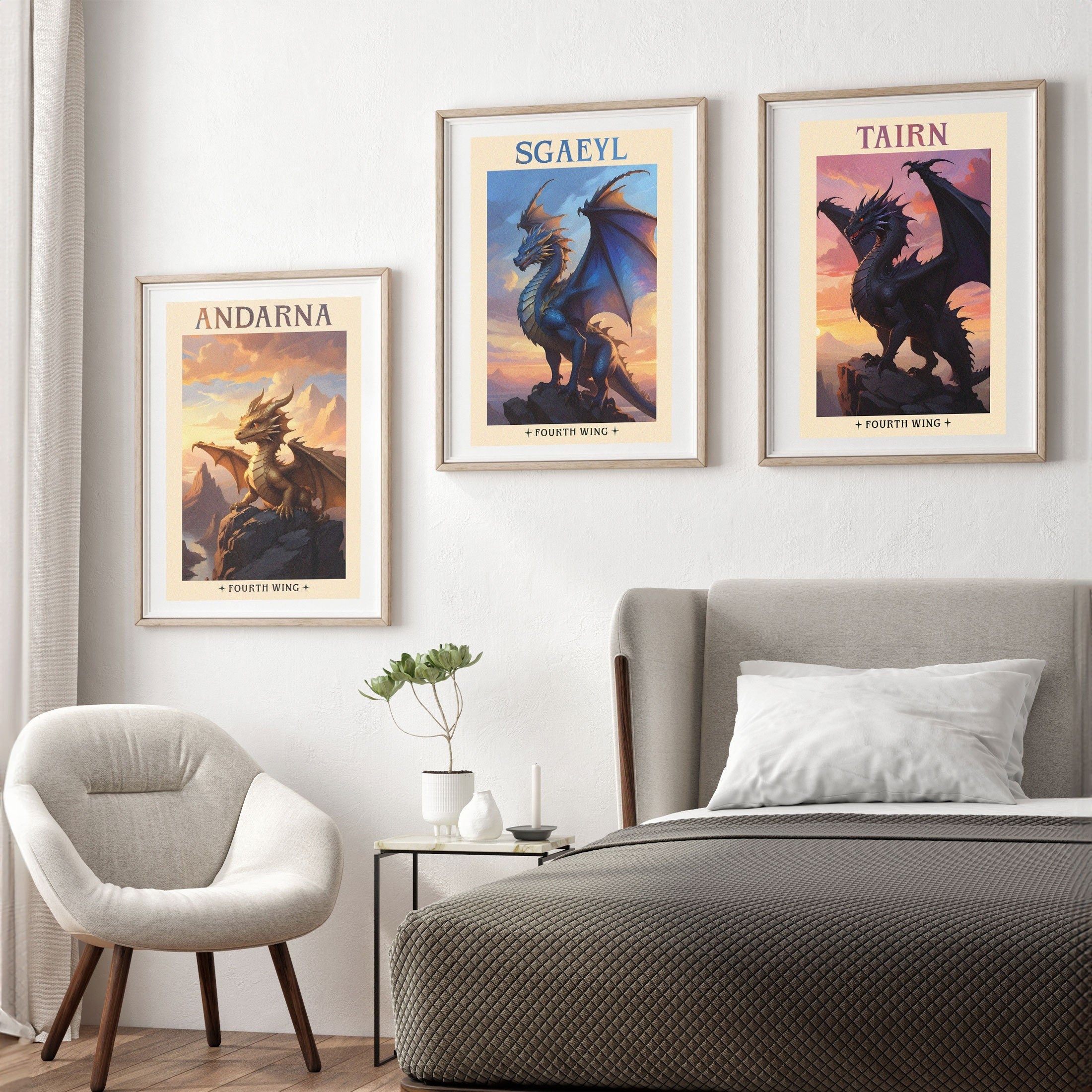 Fourth Wing Dragon Poster Set, Tairn Poster, Andarna Poster, Sgaeyl Poster, Dragon Rider Wall Art, Rebecca Yarros Poster, Violet and Xaden Decor, Fantasy Book Poster VLRP38
