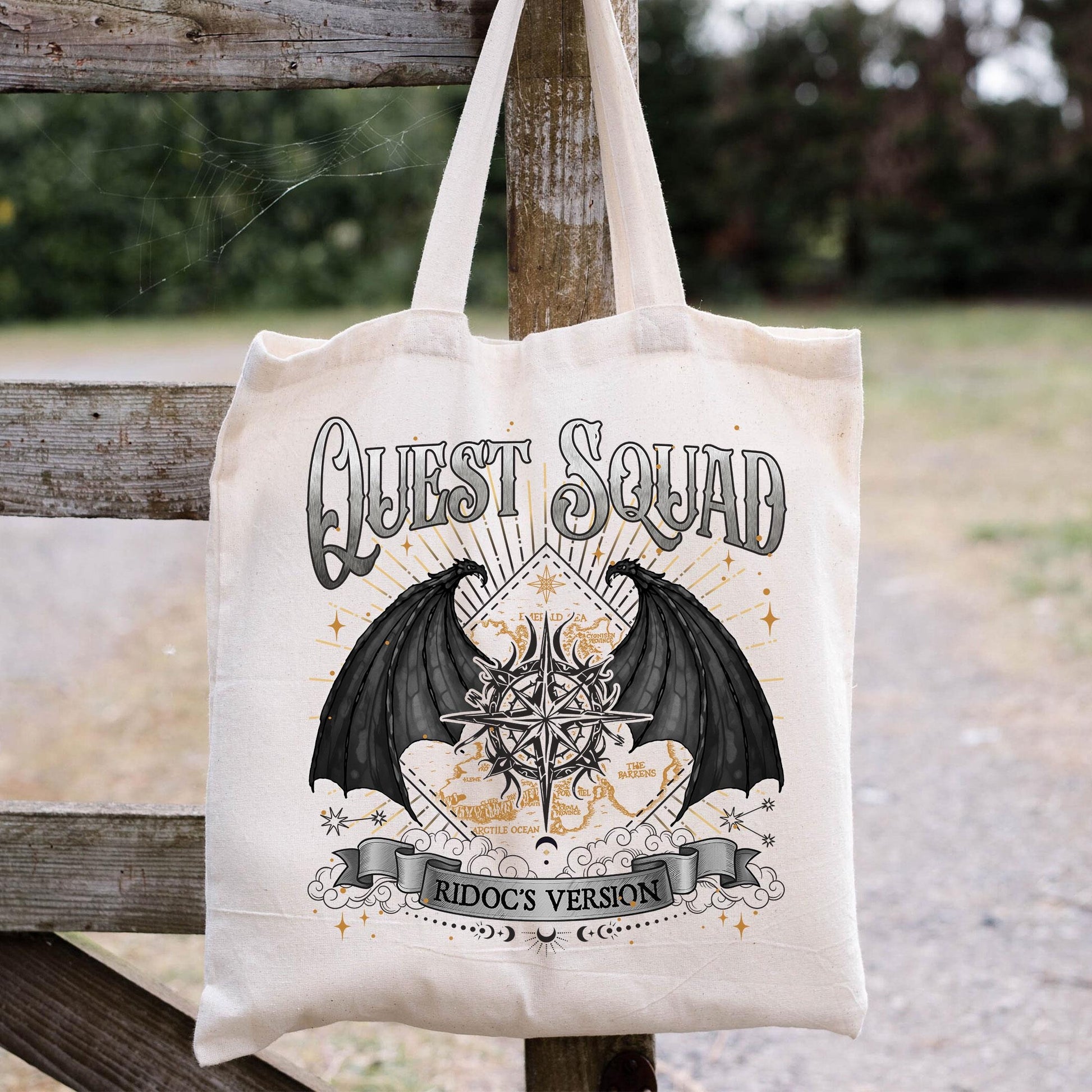 Quest Squad Ridoc’s Version Canvas Tote Bag, Aretian Riders Bag, Ridoc Onyx Storm Canvas Tote Bag, Fourth Wing Merch, Dragon Rider Shirt TBVLR16