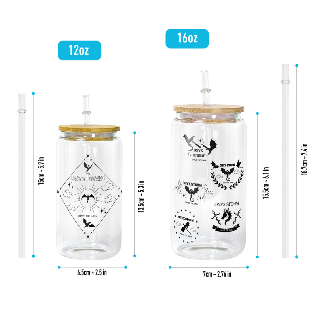 Onyx Storm Glass Can Cup with Straw, Fourth Wing Empyrean Dragon Tumbler, Brave the Dark Bookish Fantasy Gift GLVLR53