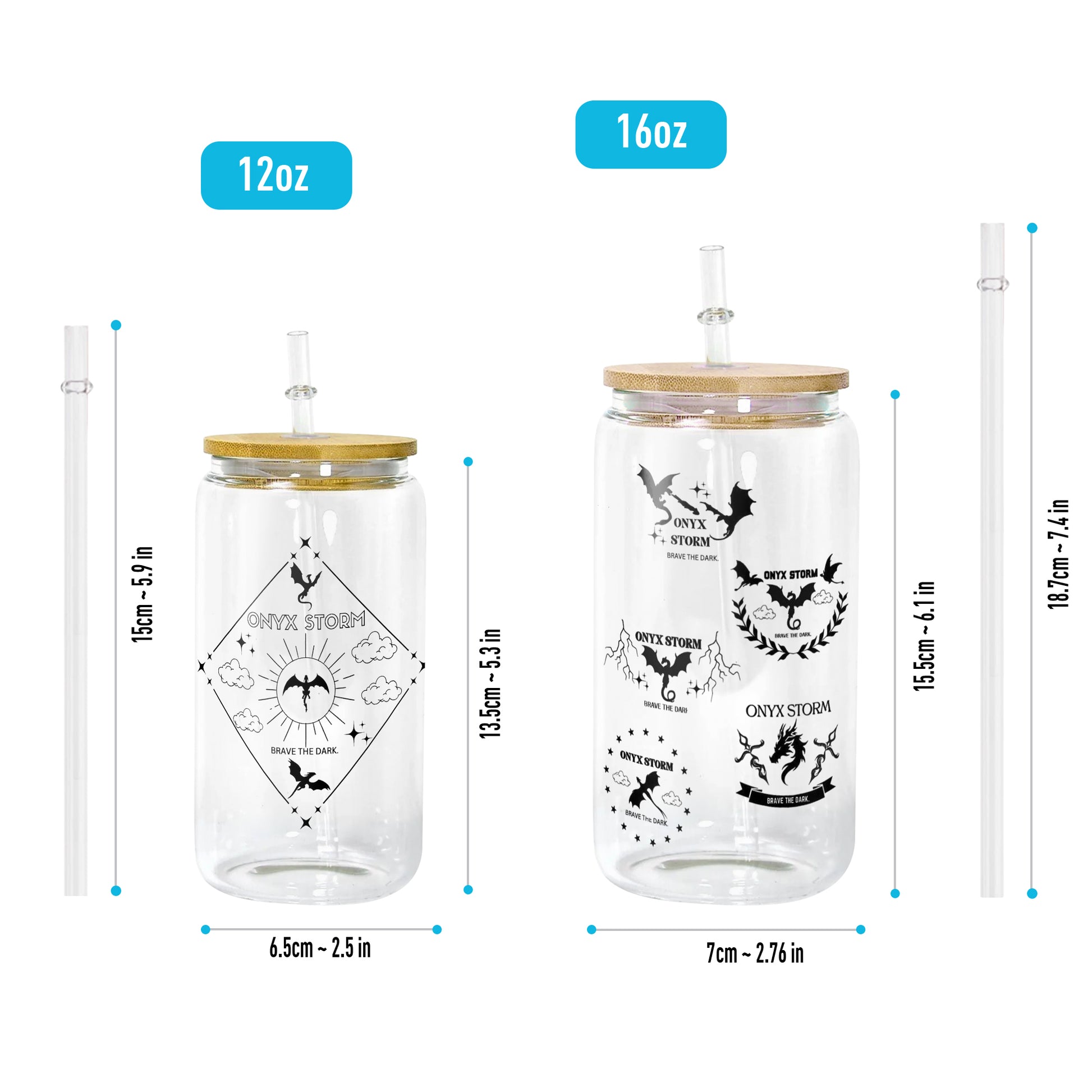 Onyx Storm Glass Can Cup with Straw, Fourth Wing Empyrean Dragon Tumbler, Brave the Dark Bookish Fantasy Gift GLVLR53