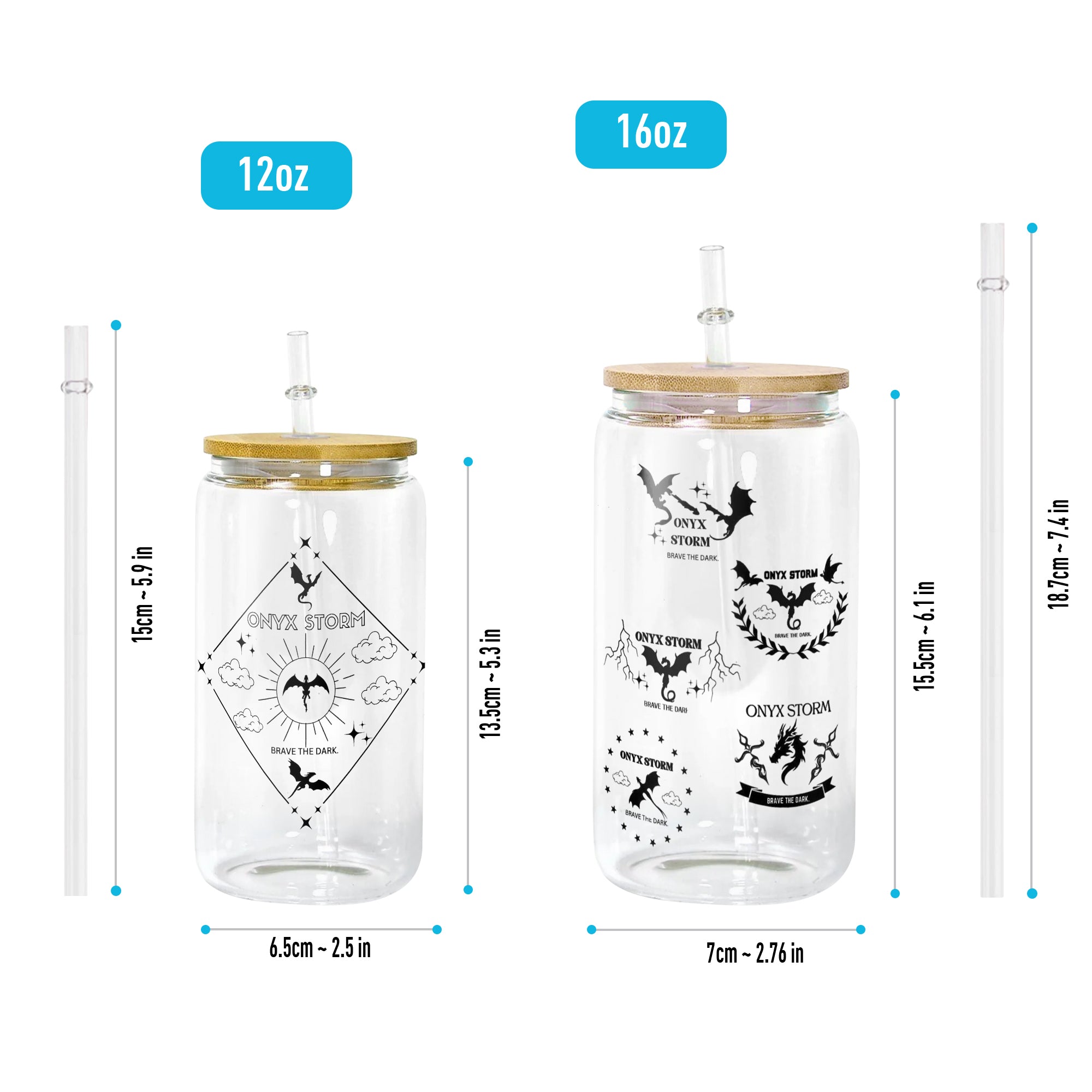 Onyx Storm Glass Can Cup with Straw, Fourth Wing Empyrean Dragon Tumbler, Brave the Dark Bookish Fantasy Gift GLVLR53