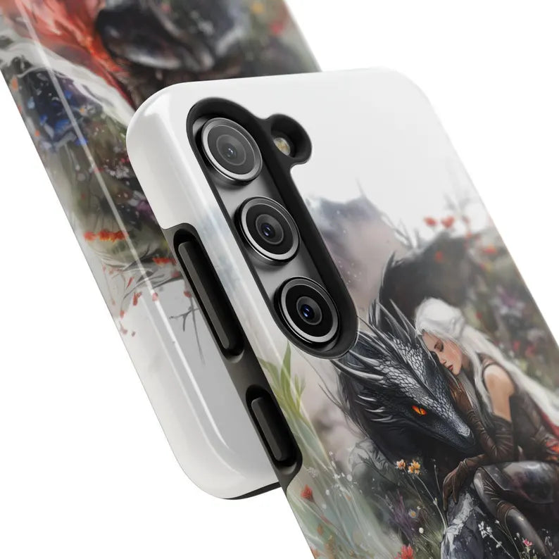 Fantasy Dragon and Warrior iPhone Case, Magical Art Phone Cover, Floral Design, Powerful Fantasy Character, PCVLR91