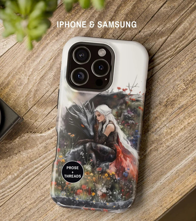 Fantasy Dragon and Warrior iPhone Case, Magical Art Phone Cover, Floral Design, Powerful Fantasy Character, PCVLR91