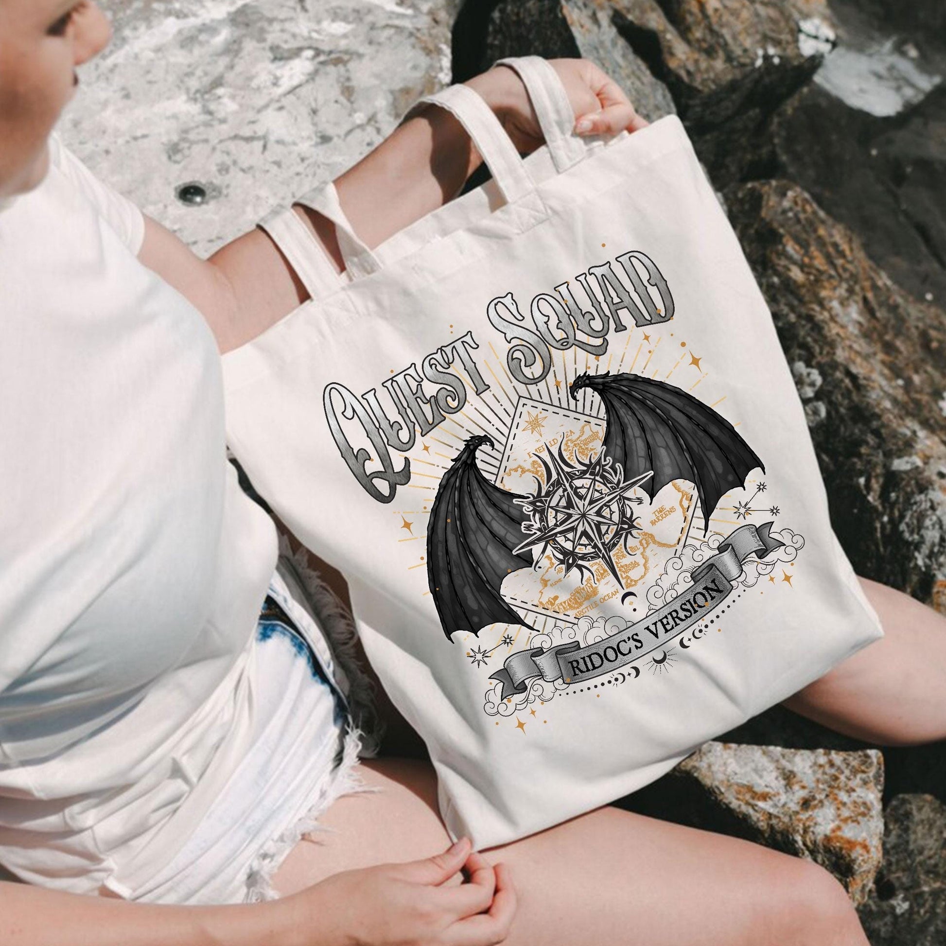 Quest Squad Ridoc’s Version Canvas Tote Bag, Aretian Riders Bag, Ridoc Onyx Storm Canvas Tote Bag, Fourth Wing Merch, Dragon Rider Shirt TBVLR16