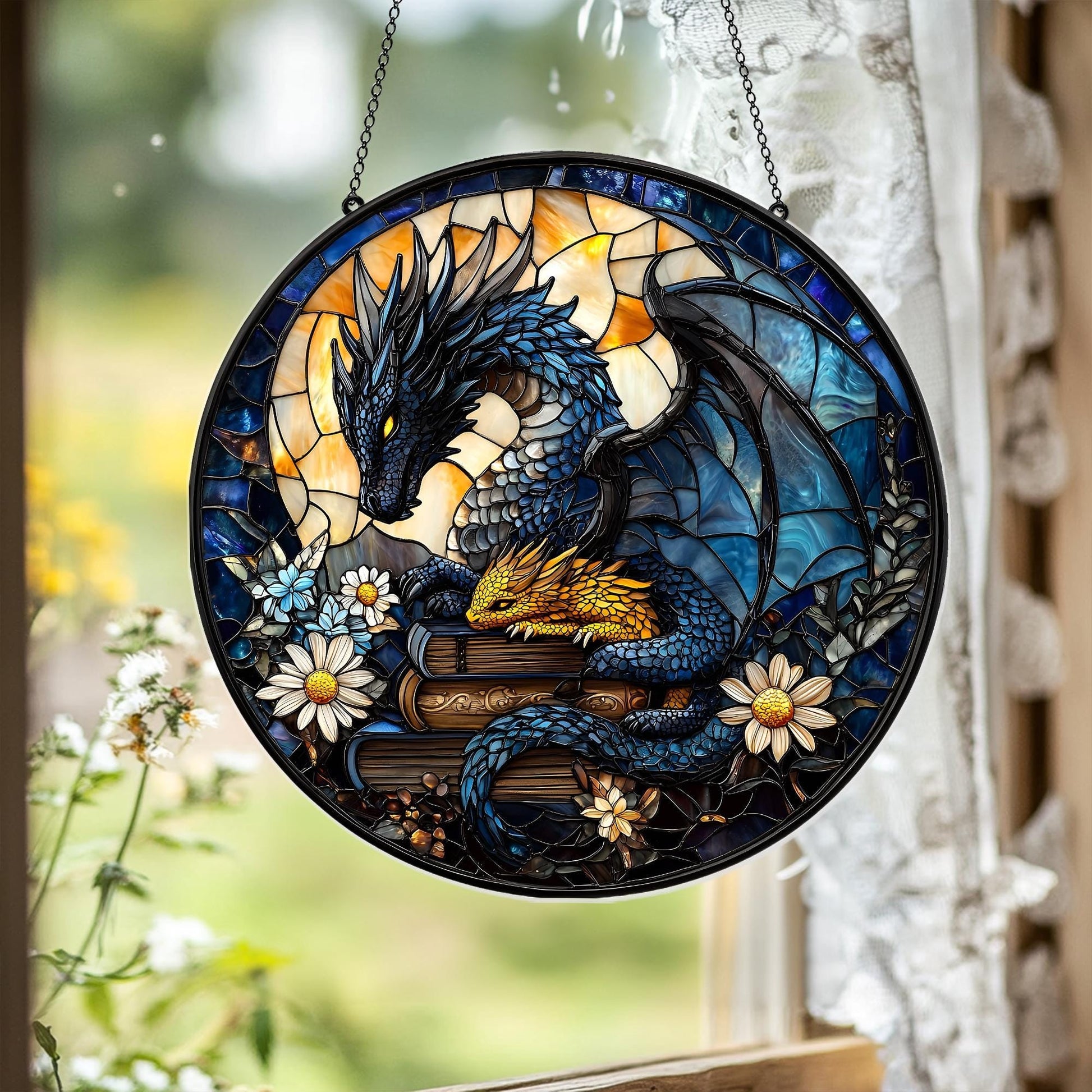 Fourth Wing Dragon Suncatcher Ornament, Tairn & Andarna Ornament for Readers, Book Lover Gift, Holiday Ornament, Onyx Storm Stained Glass SGVLR17