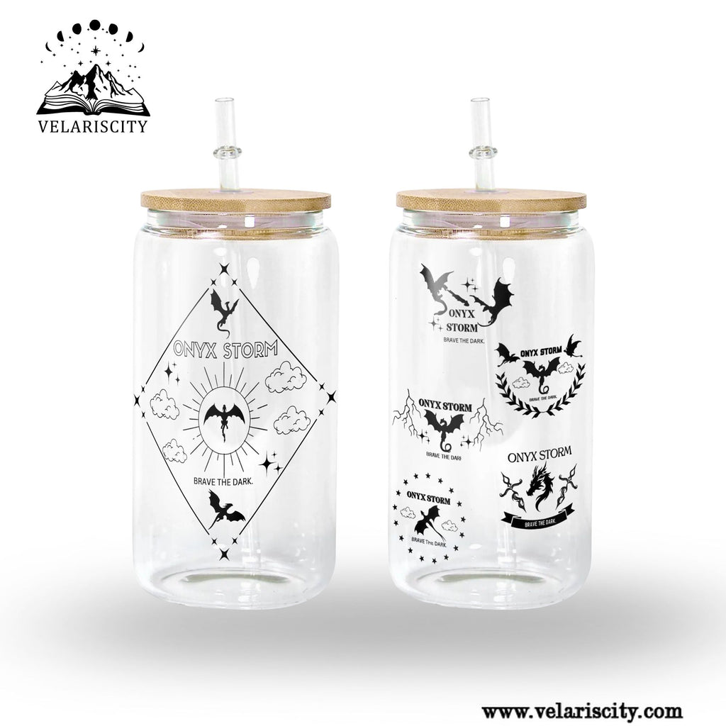 Onyx Storm Glass Can Cup with Straw, Fourth Wing Empyrean Dragon Tumbler, Brave the Dark Bookish Fantasy Gift GLVLR53