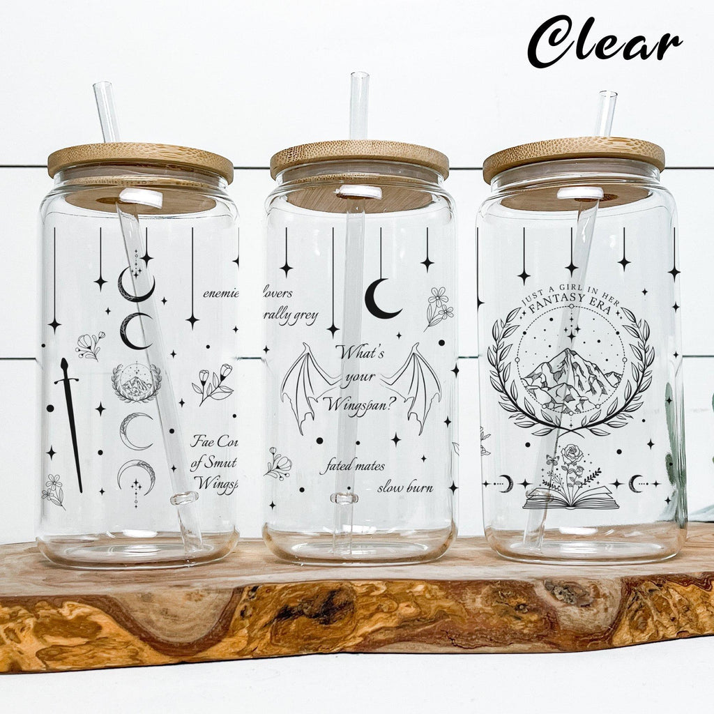 ACOTAR & Fourth Wing Inspired Glass Cans – Bookish Clear Tumblers with Bamboo Lids and Fantasy Quotes GLVLR22