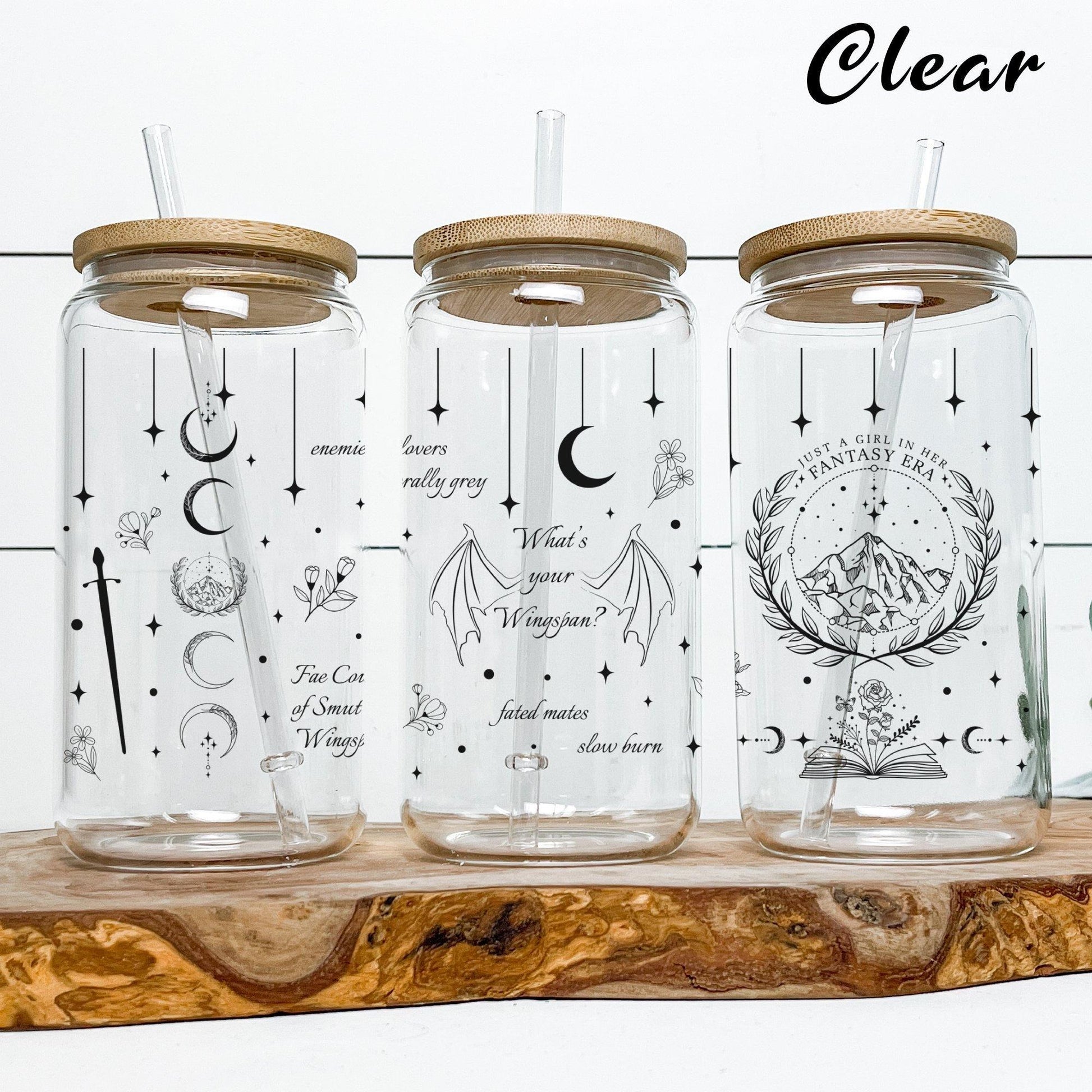 ACOTAR & Fourth Wing Inspired Glass Cans – Bookish Clear Tumblers with Bamboo Lids and Fantasy Quotes GLVLR22