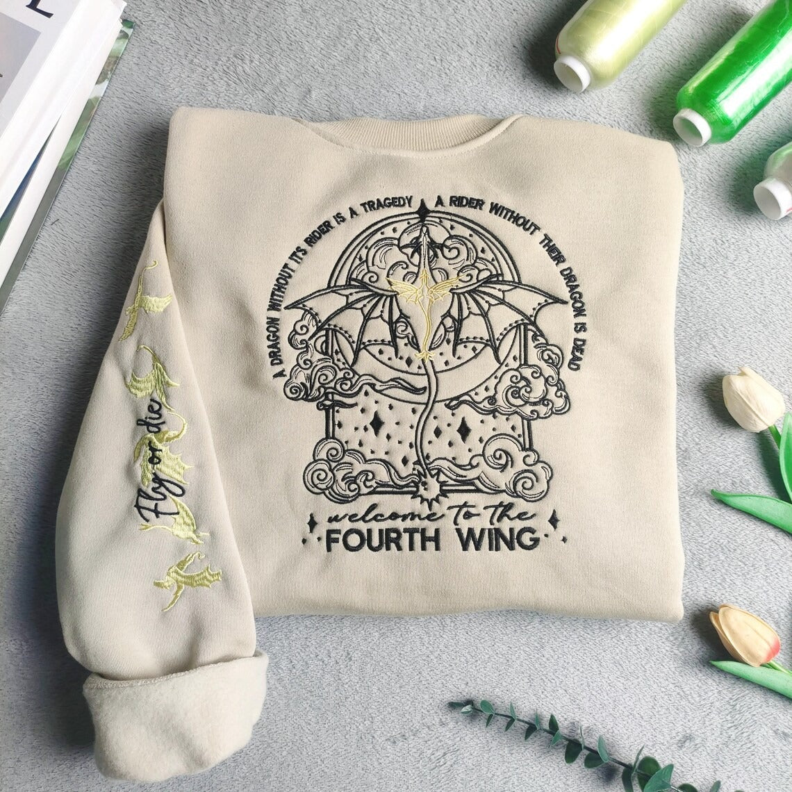 Embroidered Fourth Wing Sweatshirt, Dragon sweatshirt, Dragon Rider Sweatshirt. VEMB16