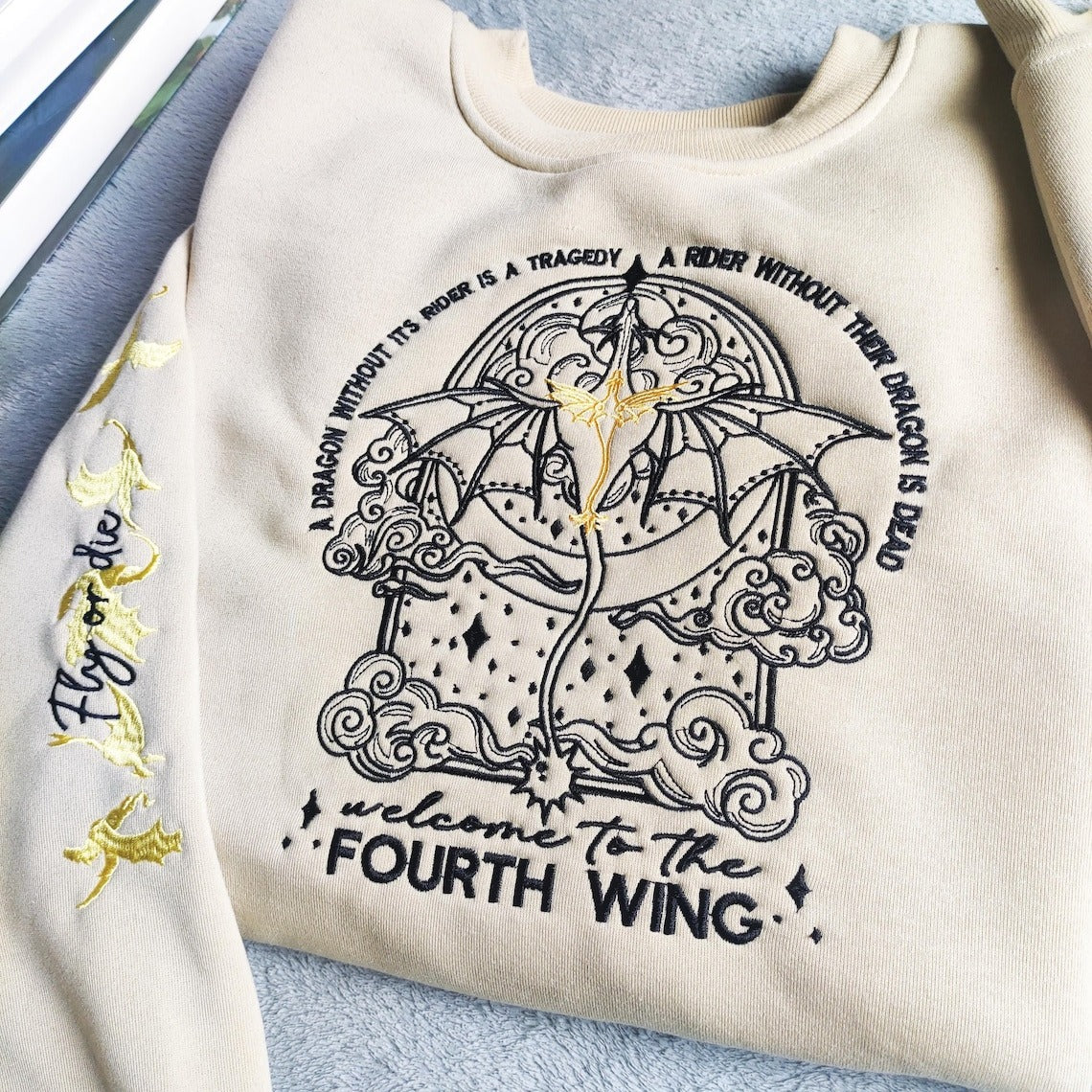 Embroidered Fourth Wing Sweatshirt, Dragon sweatshirt, Dragon Rider Sweatshirt. VEMB16