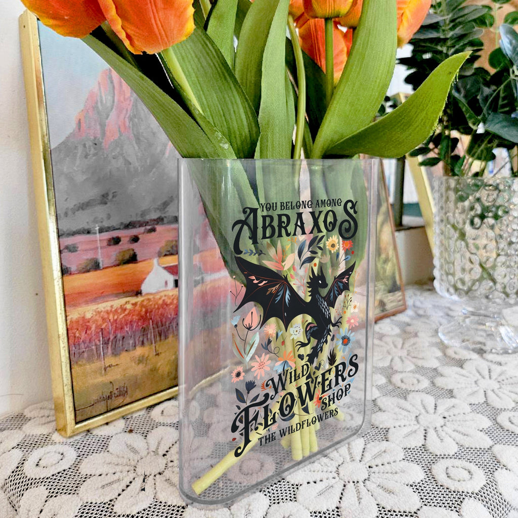Abraxos Flower Garden Club Books Acrylic Vase for Flowers, Fantasy Dragon Bookish Book Shaped Flower Vase, Fantasy Readers Book Club Gifts VLRBV21
